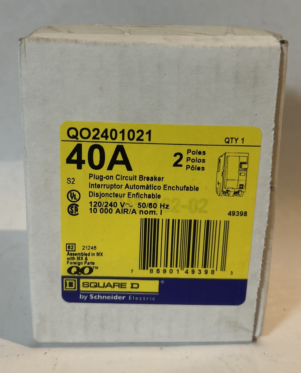 Square D QO2401021 40 Amp 2 Pole 120/240 V 50/60 Hz Plug-On Circuit Breaker