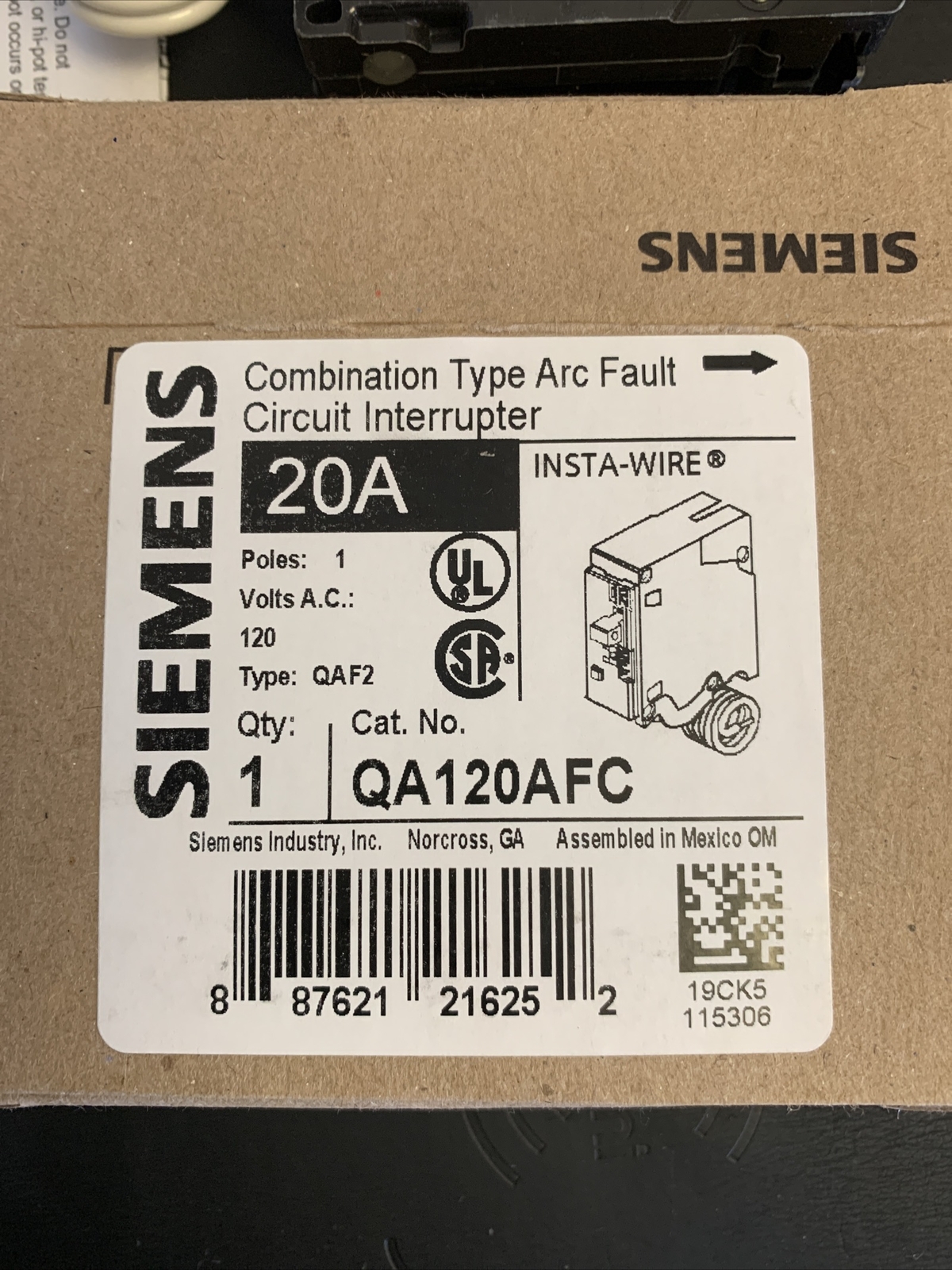 QA120AFC Siemens 1P 20A 120V Arc Fault Circuit Breaker NEW
