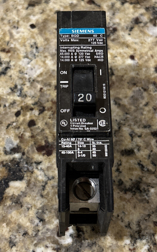 Siemens Type BQD Circuit Breaker BQD120 20A 277V. Excellent Condition.
