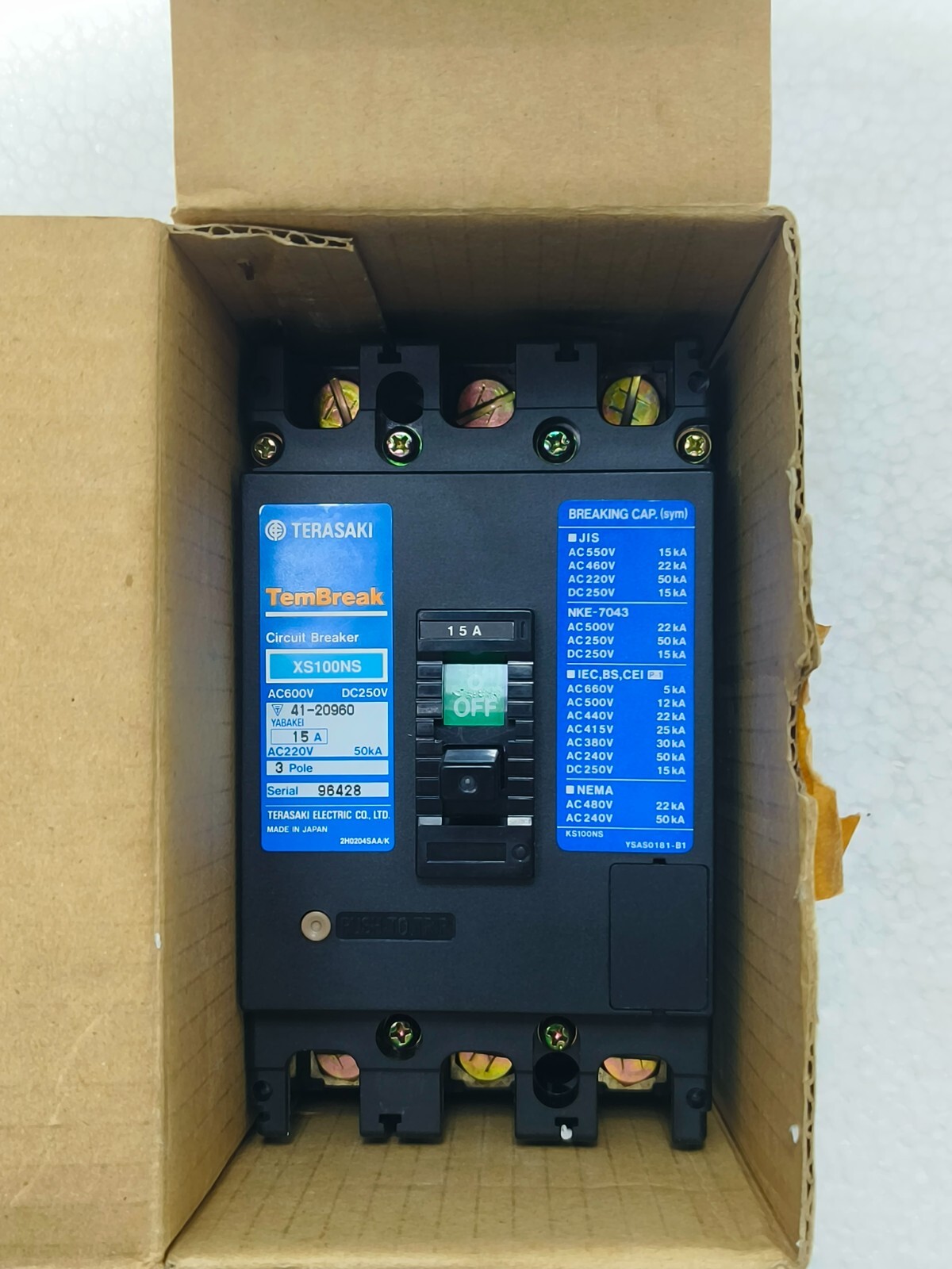 TERASAKI XS100NS, 15 A, CIRCUIT BREAKER AC220V 50kA MCCB 3P (Free Shipping)