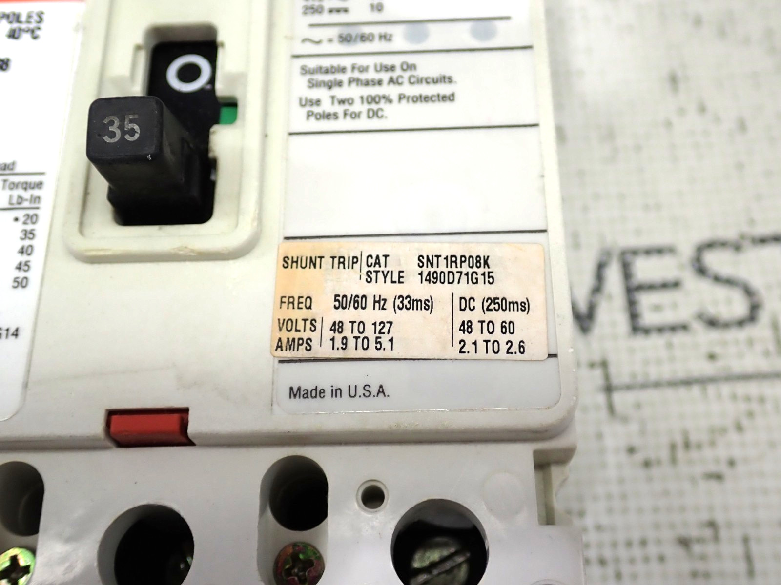 Cutler Hammer EHD3035 3 Pole 35 Amp 480 Volt Breaker W/ 48/127V Shunt Tested
