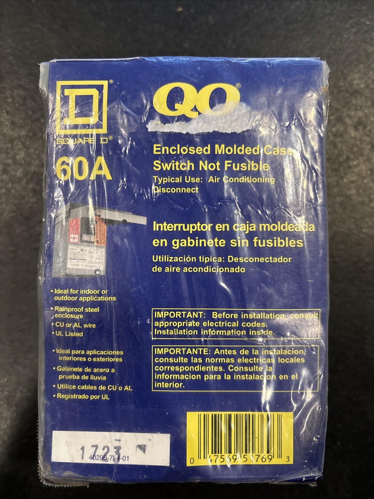 Square D QO200TR 60A 240V Enclosed Molded Case Switch Not Fusible A/C Disconnect