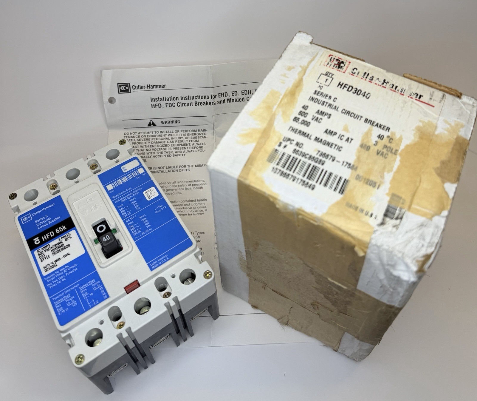 ***NEW UNUSED*** Cutler-Hammer HFD3040 40A 600VAC 3 Pole Circuit Breaker