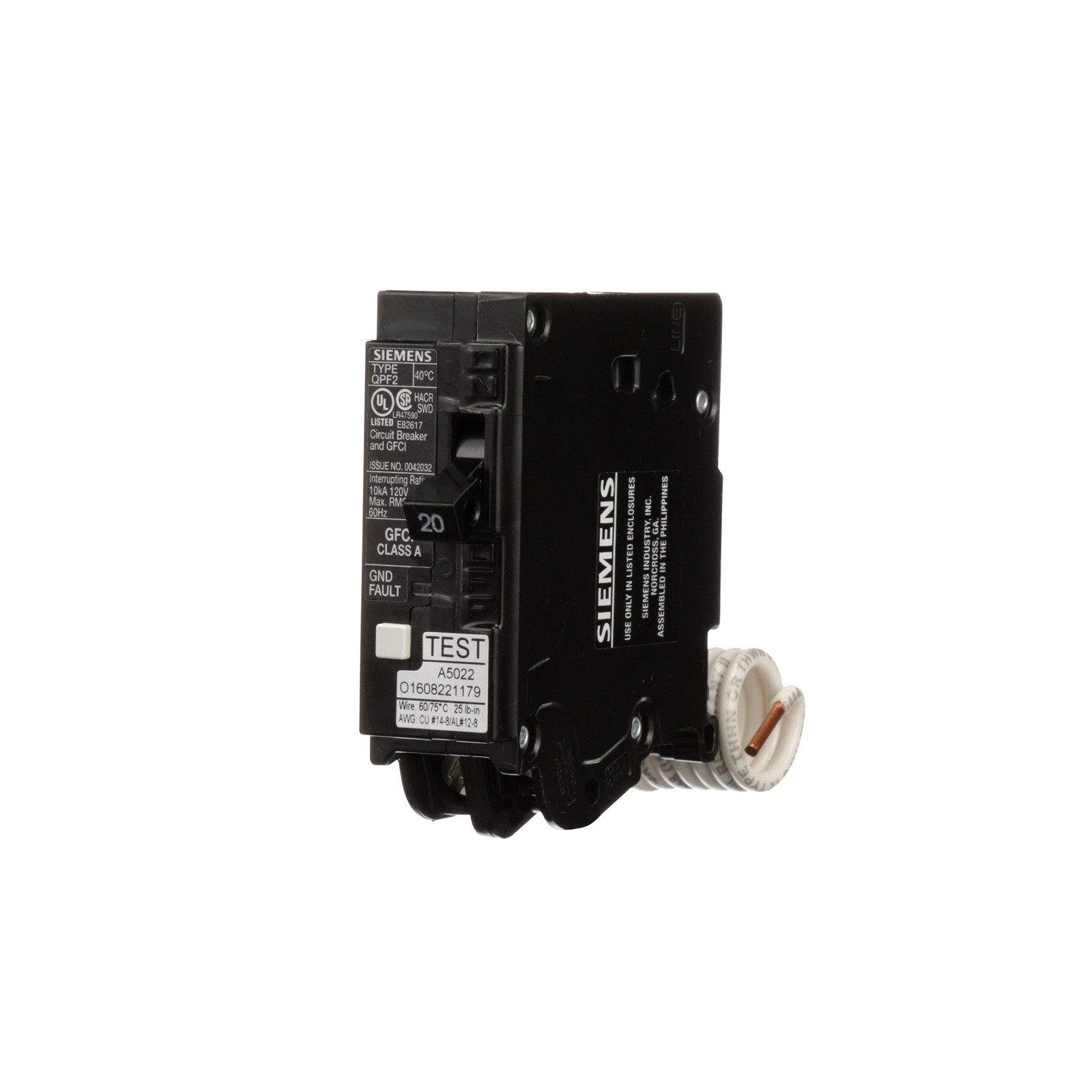 SIEMENS QF120A Gfci Circuit Breaker, Plug In, Self Testing, 20 Amp, 1-Pole, 1…