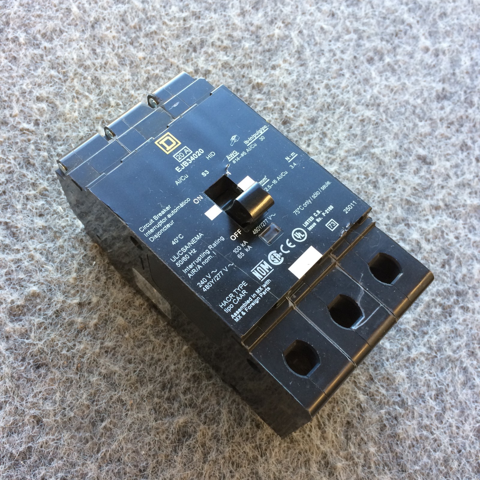 NEW TAKEOUT SQUARE D EJB34020 3-Pole 480 Volt 20 Amp Bolt-On Circuit Breaker