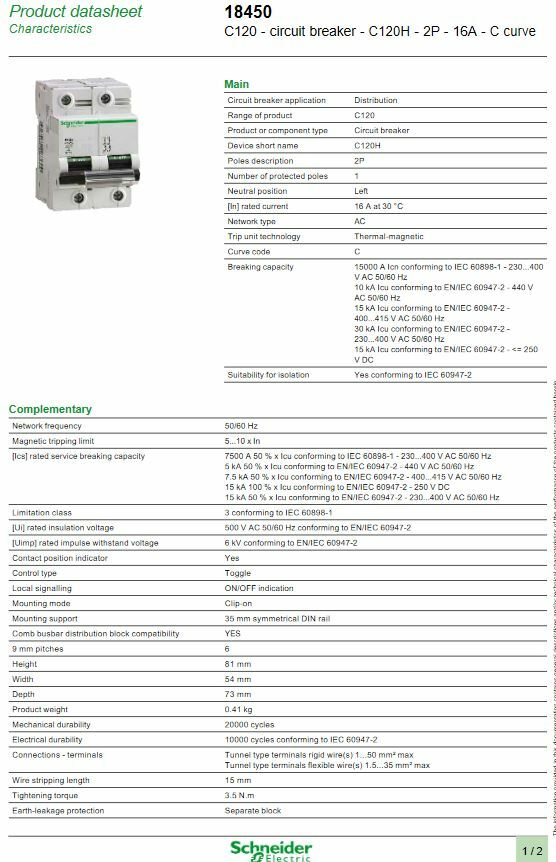Schneider 18450, Multi-9, Circuit Breaker, C120H, 2P, 16A, C (New Old Stock)