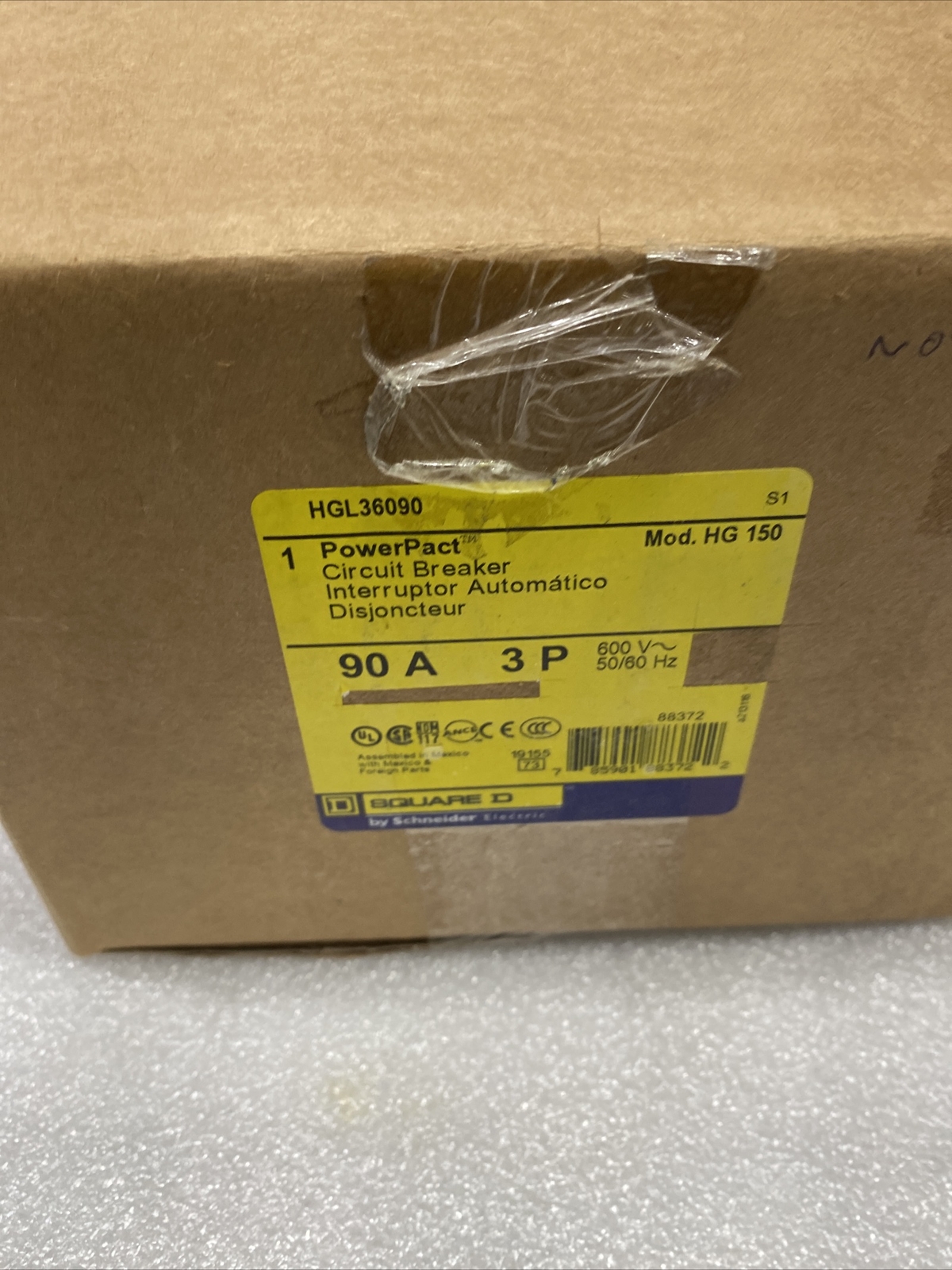 HGL36090 SQUARE D CIRCUIT BREAKER MOLDED CASE 600 VOLTS 90 AMPS NEW