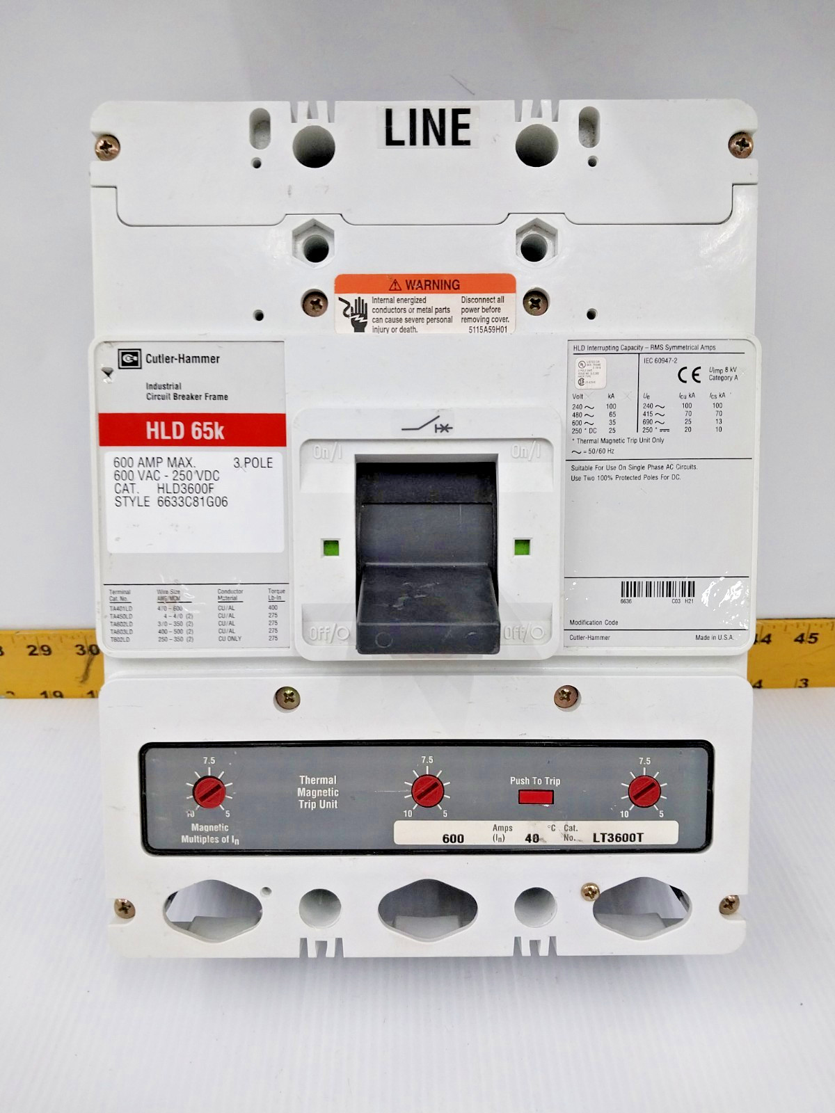 Cutler-Hammer 600 Amp Circuit Breaker 600 VAC / 250 VDC 3 Pole HLD3600F