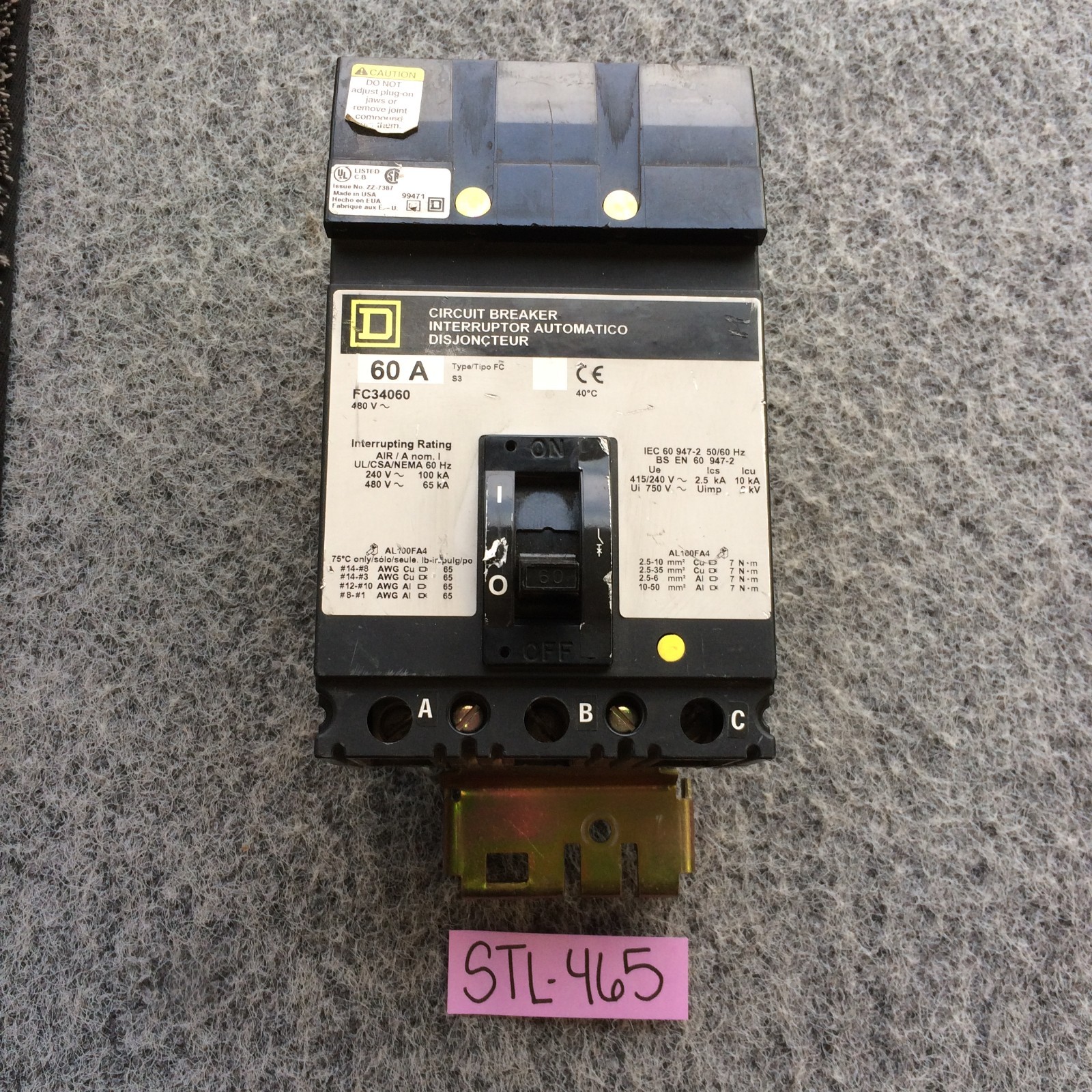 NEW TAKEOUT Square D FC34060 Circuit Breaker 60 Amp 3 Pole 480 Vac
