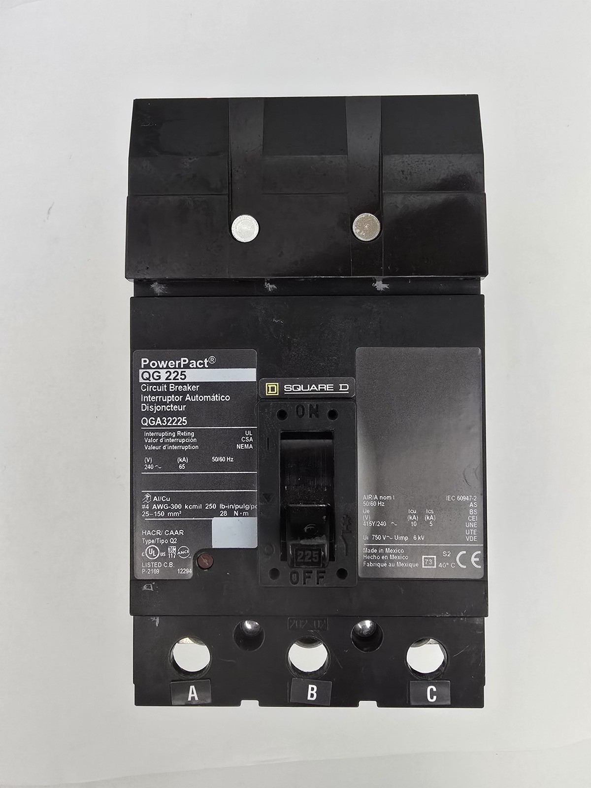 Square D QGA32225 I-Line Circuit Breaker 225A 415Y/240V 3P HACR CAAR