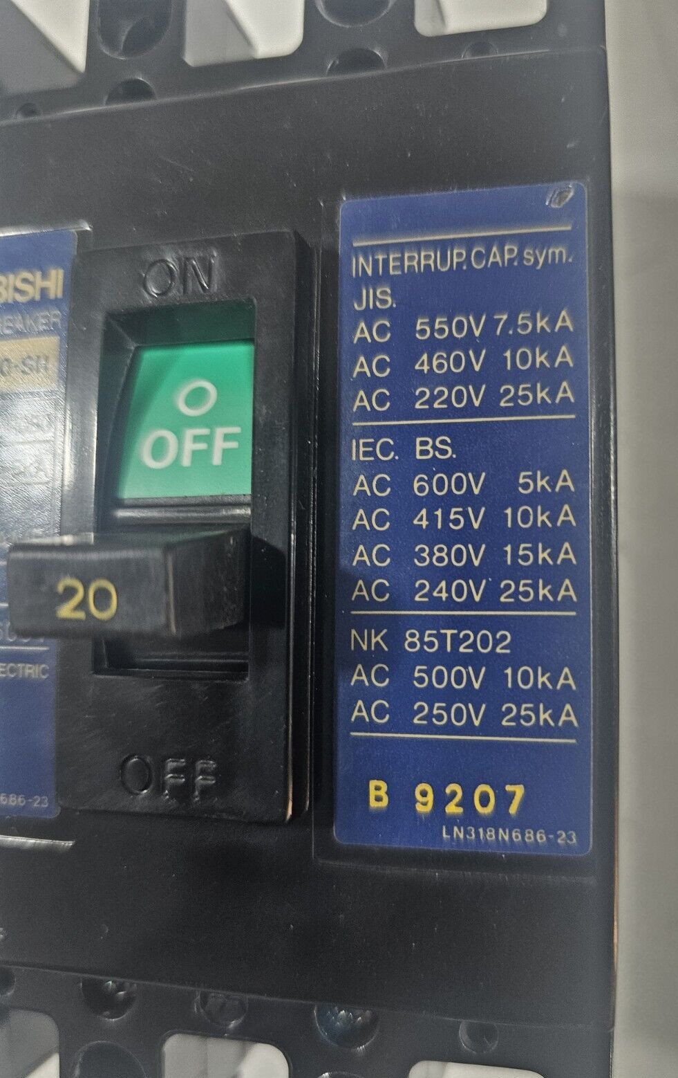 Mitsubishi NF60-SH No-Fuse Breaker 20A 3P 600V NF60SH