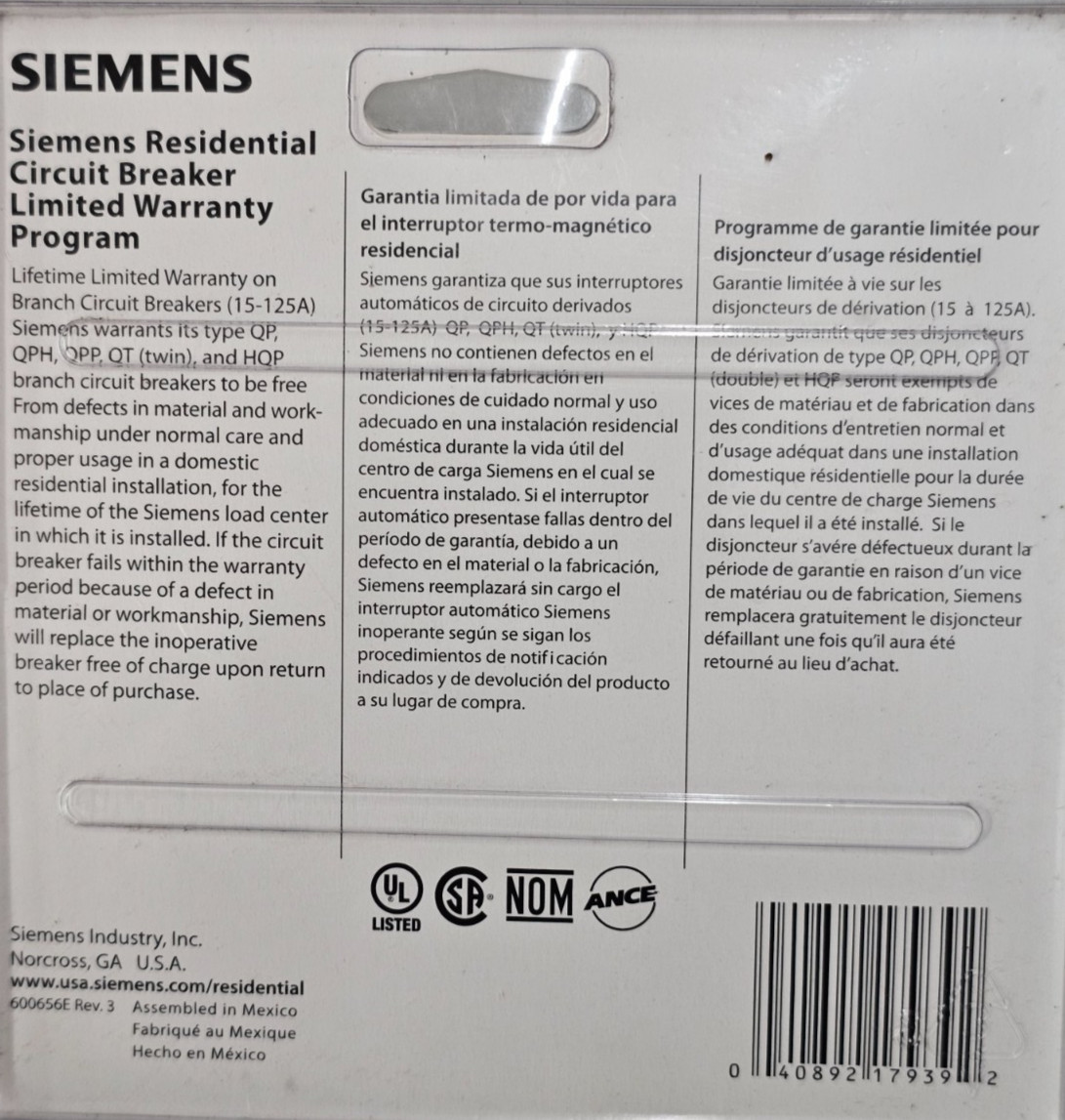 Siemens Q2100 100A 2 Pole 240V Circuit Breaker – Black