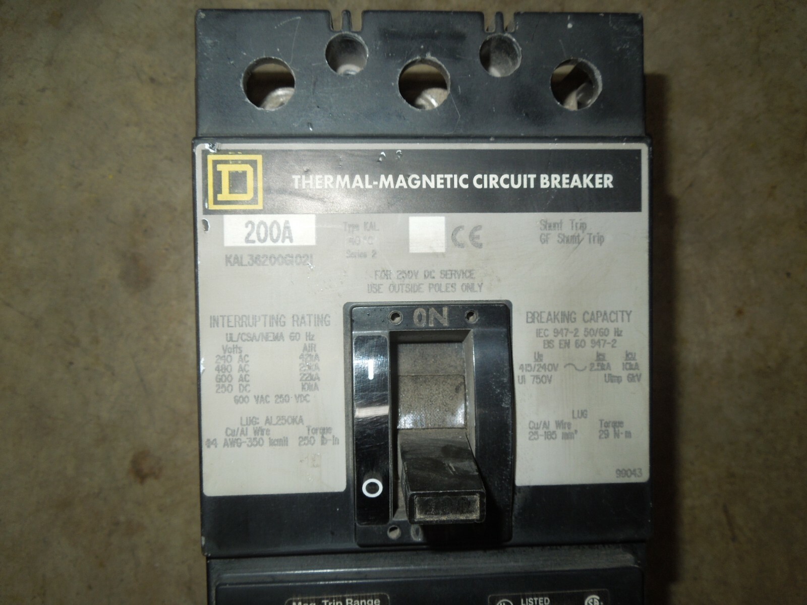 Square D KAL36200G1021 200A 3p 600V Circuit Breaker GFM250KA Ground Fault Module