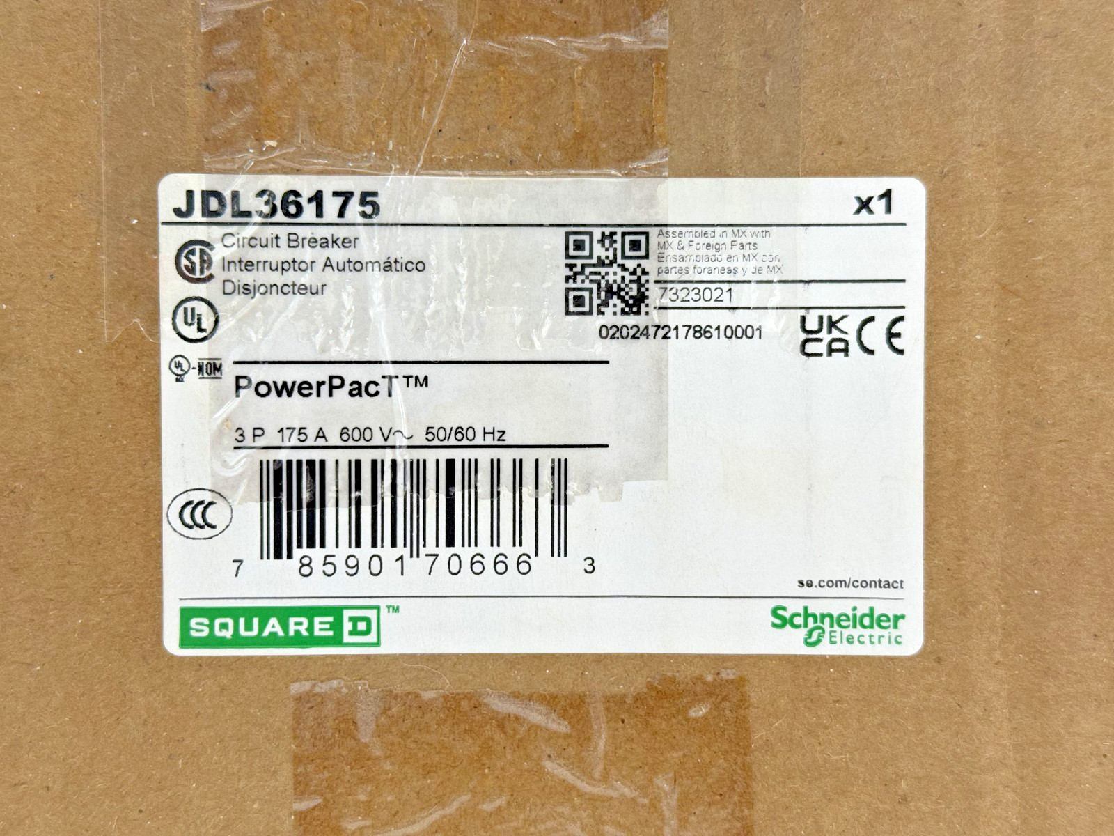 Schneider SQUARE D JDL36175 PowerPacT Circuit Breaker 3P 175A 600V~ 50/60Hz