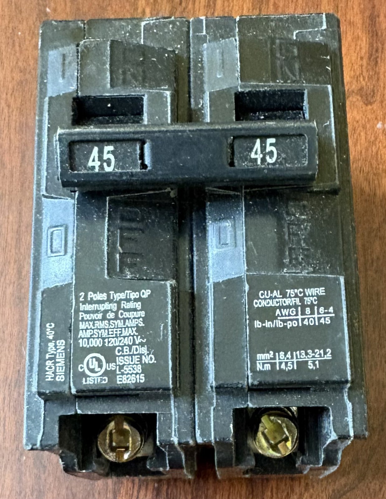 Siemens Q245 Circuit Breaker Black 2 pole 45 Amp 240V Clip On (Bin: S)