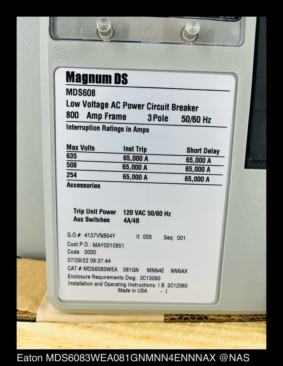 Eaton Magnum DS MDS608 Breaker (M/O,D/O) ~ 800 Amp – Unused Surplus