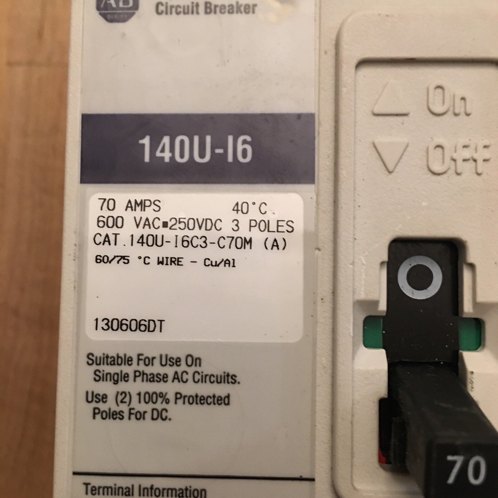 Allen-Bradley 140U-I6C3-C70M Breaker 3 Pole 70 Amp With Mounting Hardware
