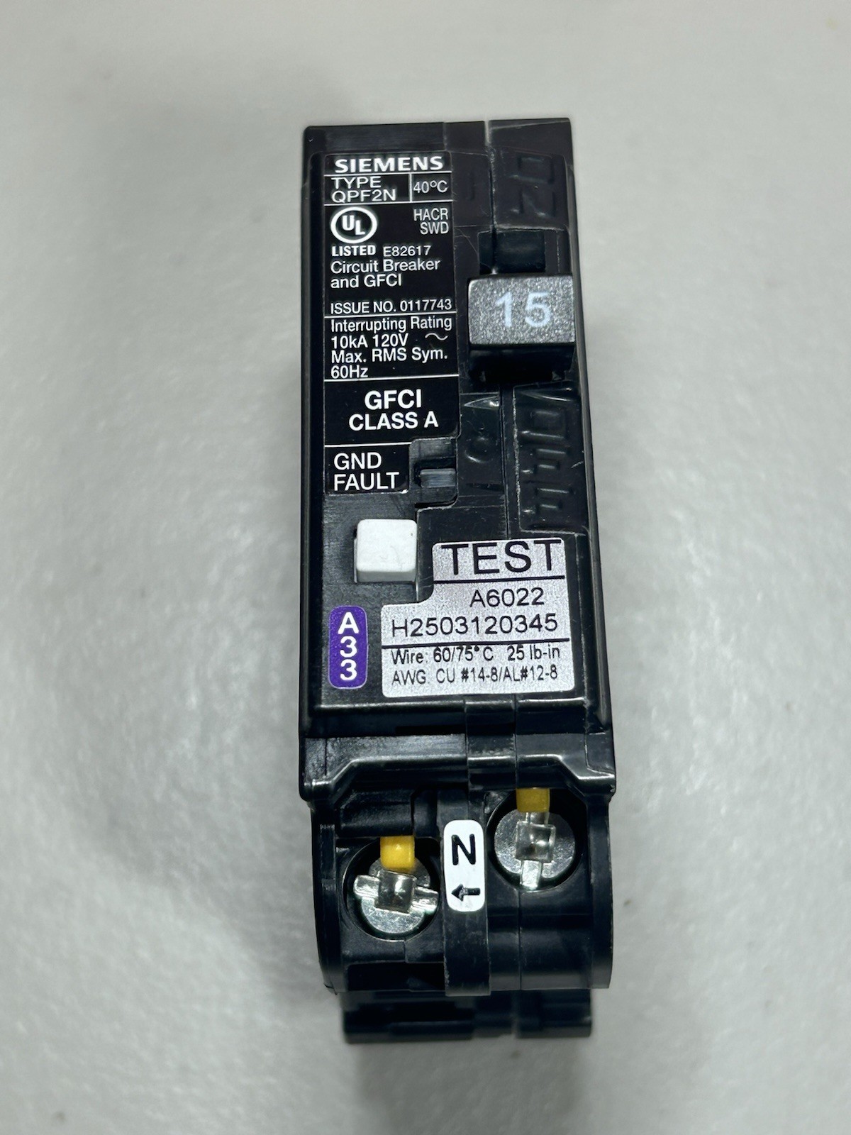 Siemens QF115AN 15A GFCI Circuit Breaker 120V Plug-In On/Off Test Button