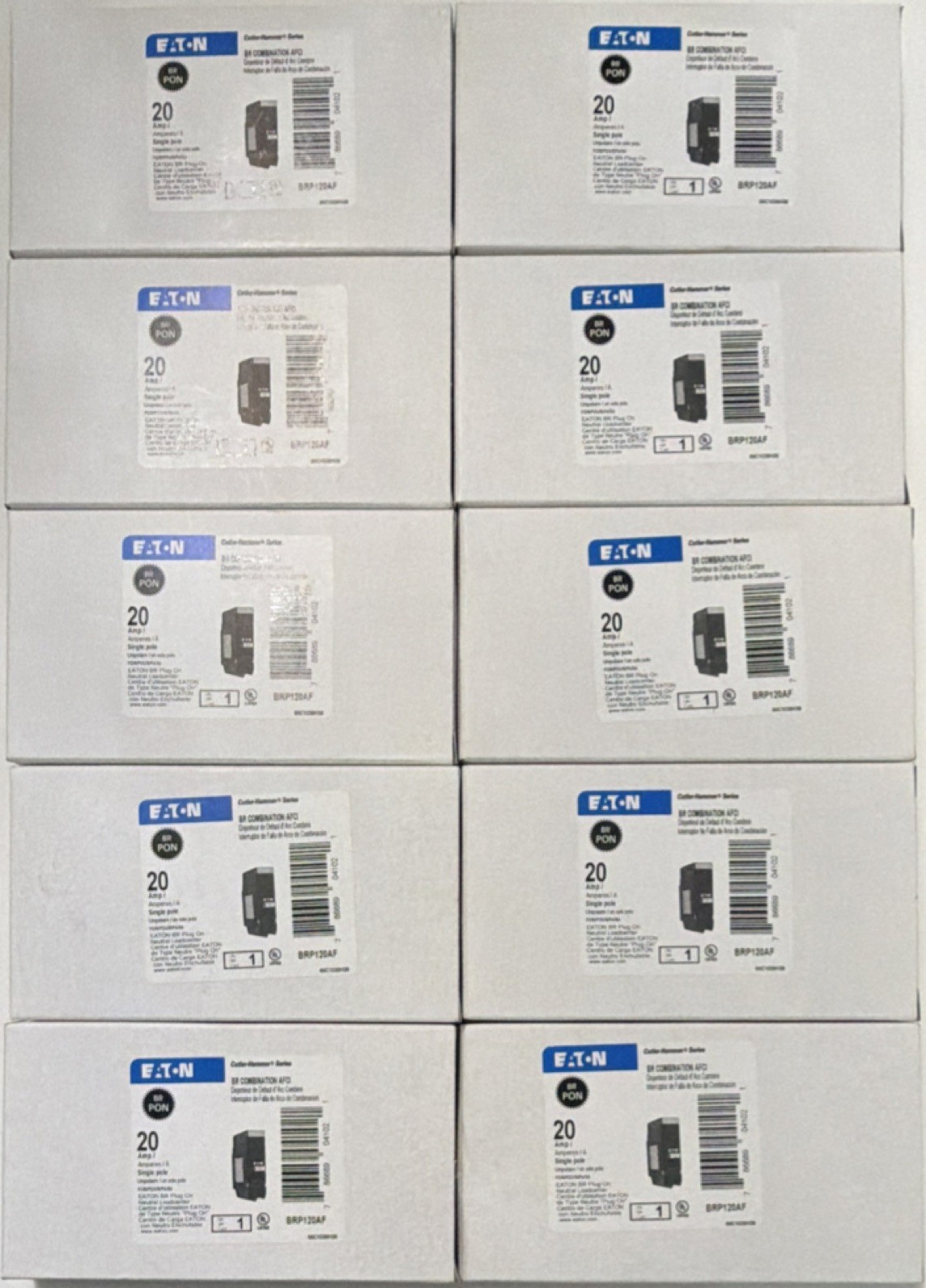 Eaton BRP120AF 20A AFCI Plug-On Neutral 1-Pole Breaker 10 Pack NEW