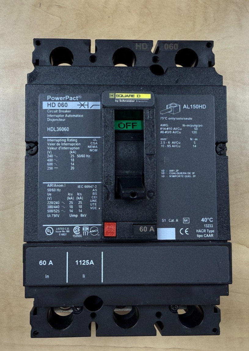 Square D, PowerPact HD 60. Cat: HDL36060 Circuit Breaker 60A, 3 pole