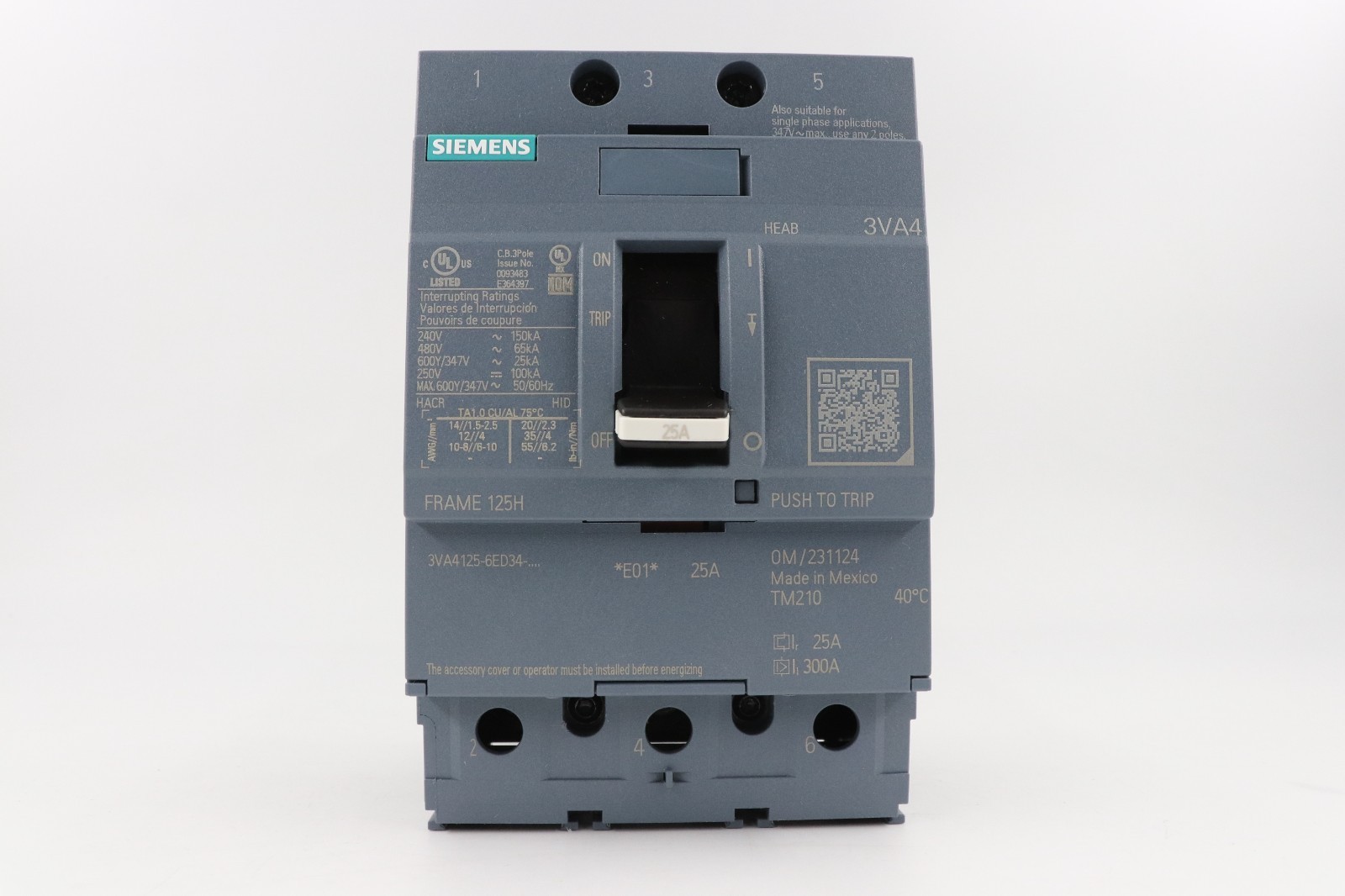 SIEMENS 3VA4125-6ED34-0AA0 25A 3-POLE 600Y/347V CIRCUIT BREAKER, 480V/65KA 240V/