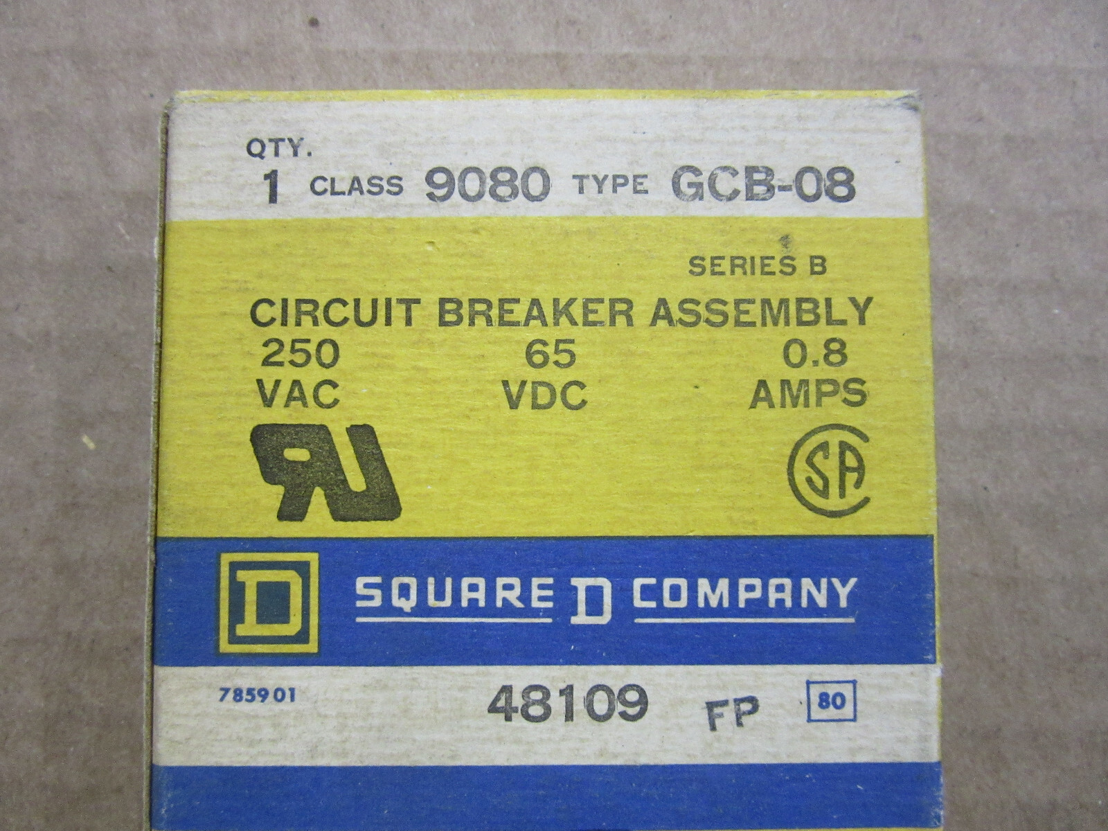 Square D 9080GCB-08 Series B Circuit Breaker 1P 0.8A 250V Max New in Factory Box