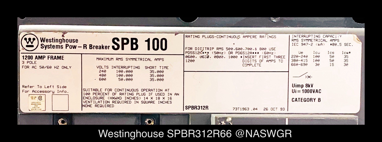 Westinghouse SPB-100 Circuit Breaker EO/BI – 1200A – Tested/1Yr Warranty