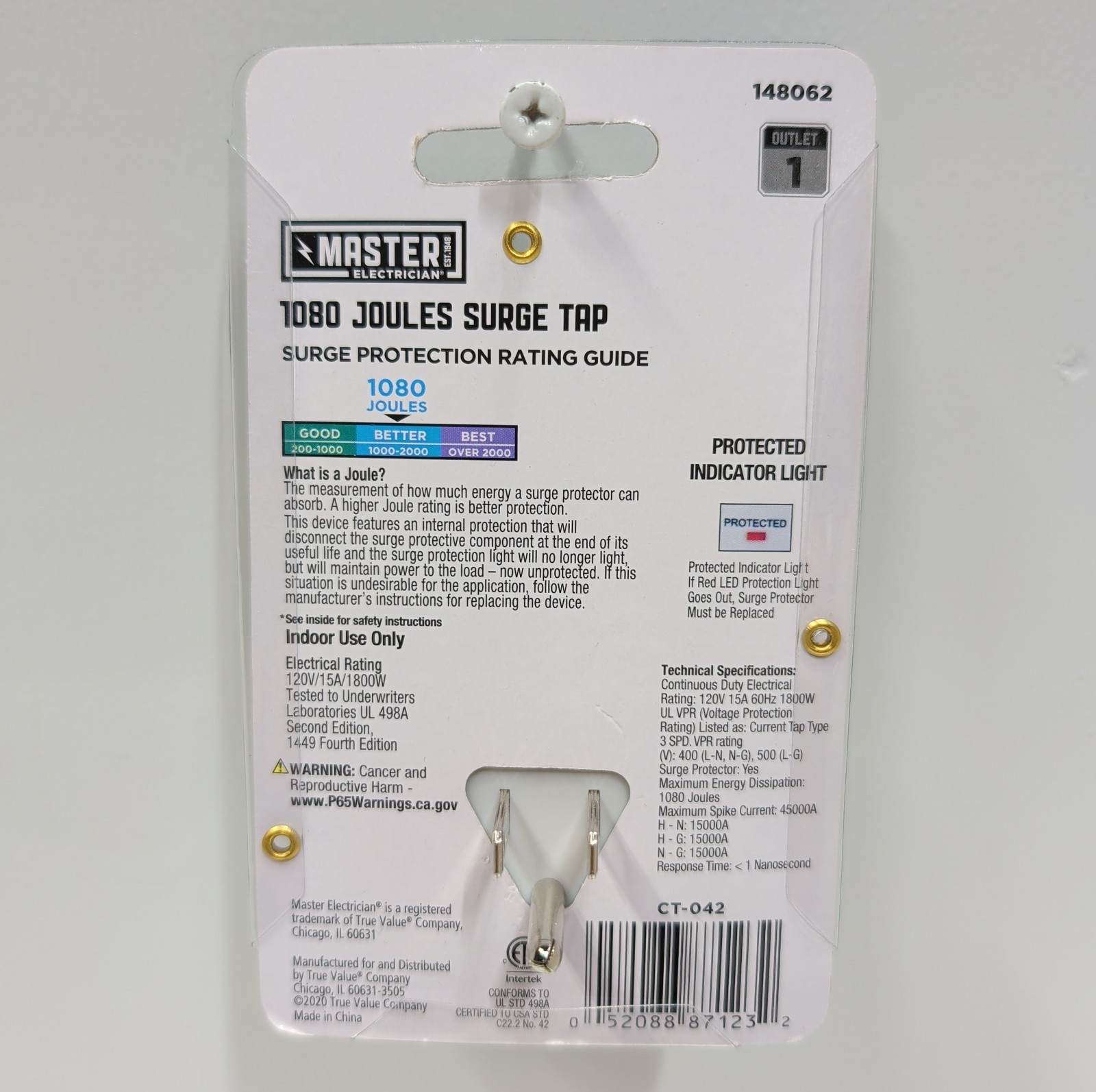 Master Electrician 1080 Joules Surge Tap 1‑Outlet Wall Plug Protector New