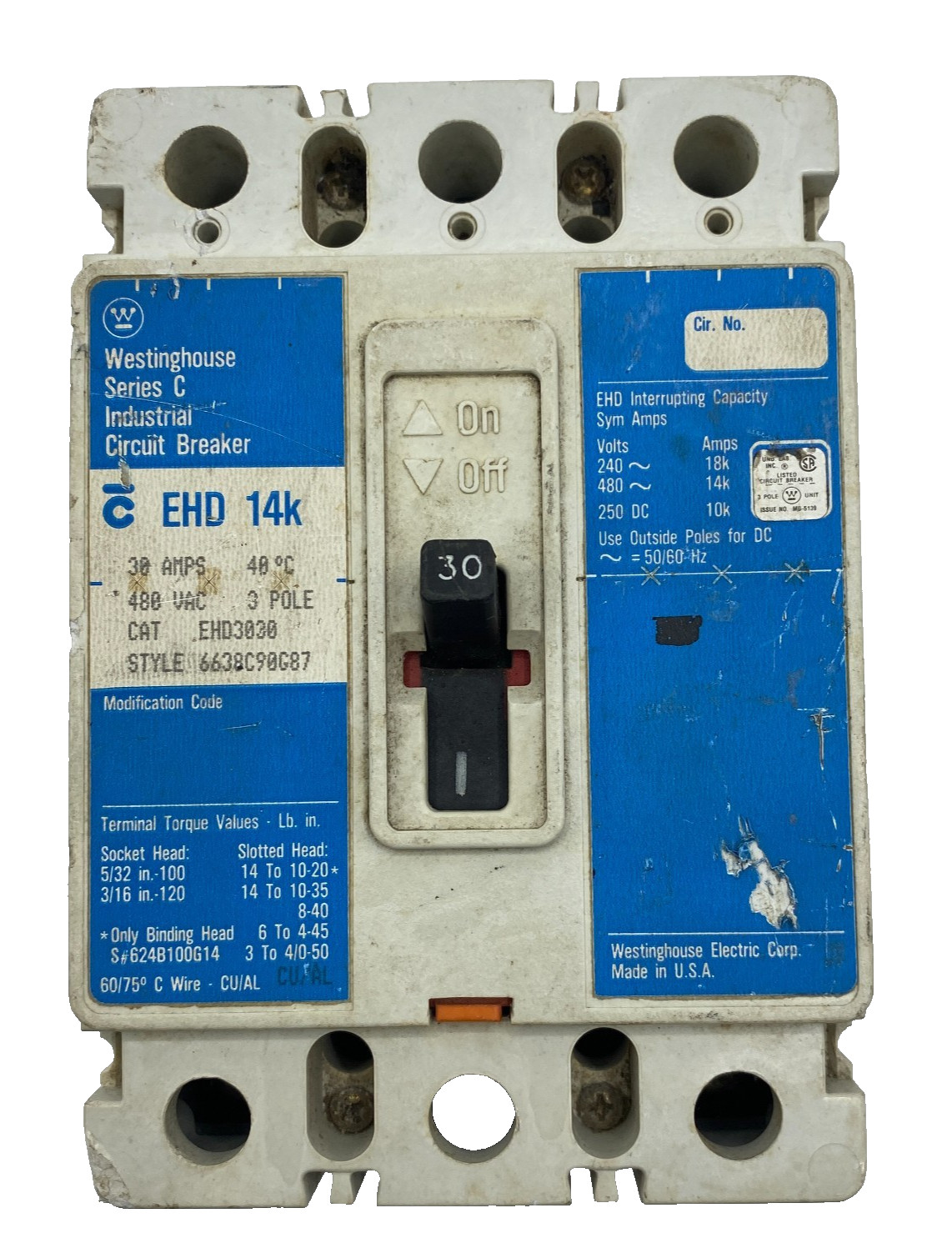 WESTINGHOUSE EHD3030 INDUSTRIAL CIRCUIT BREAKER EHD 14k 30-AMPS 3-POLE 480VAC