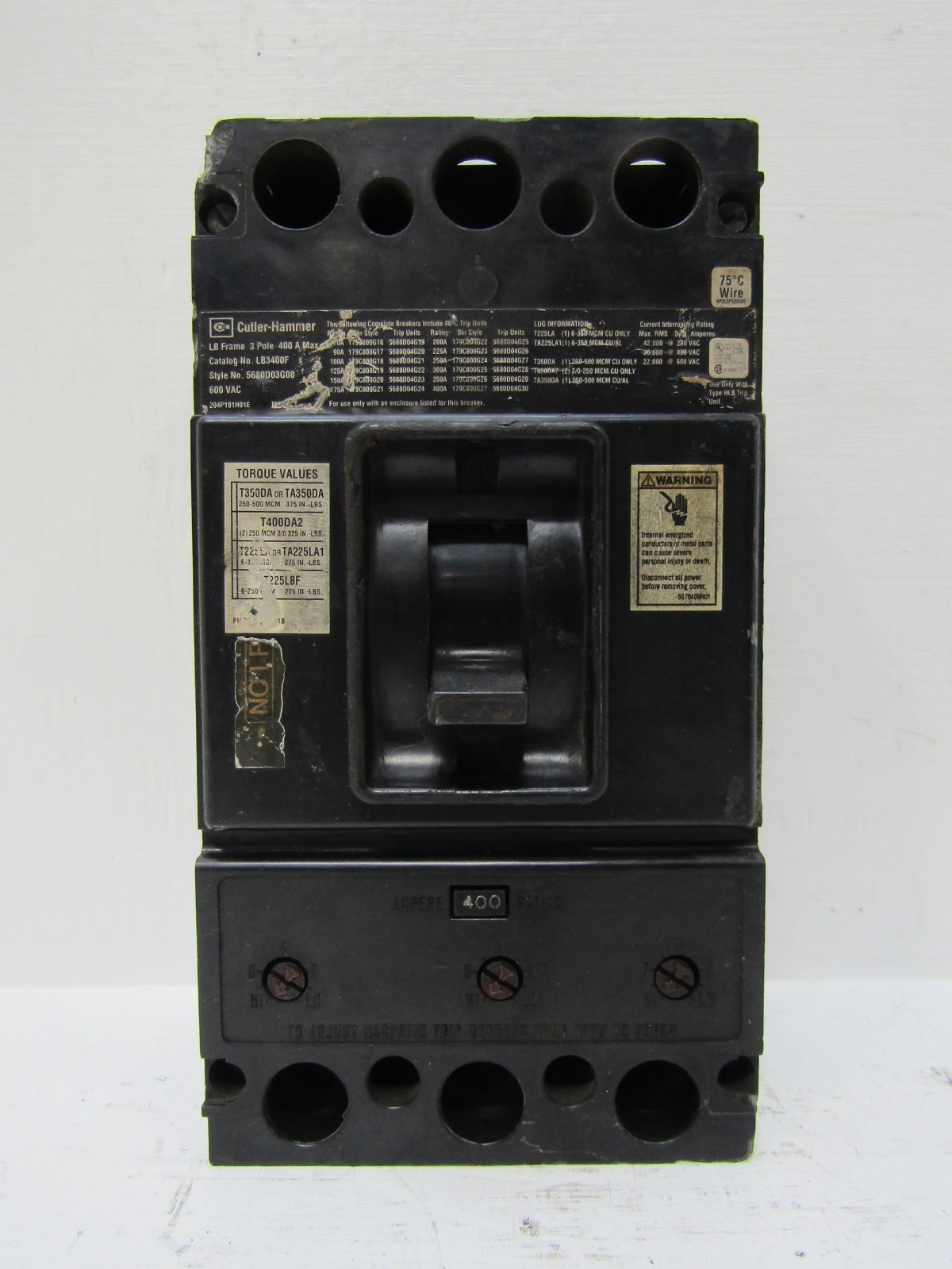 Cutler Hammer LB3400 400 Amp 600V 3-Pole Breaker 400A Trip 3P 250VDC Chipped
