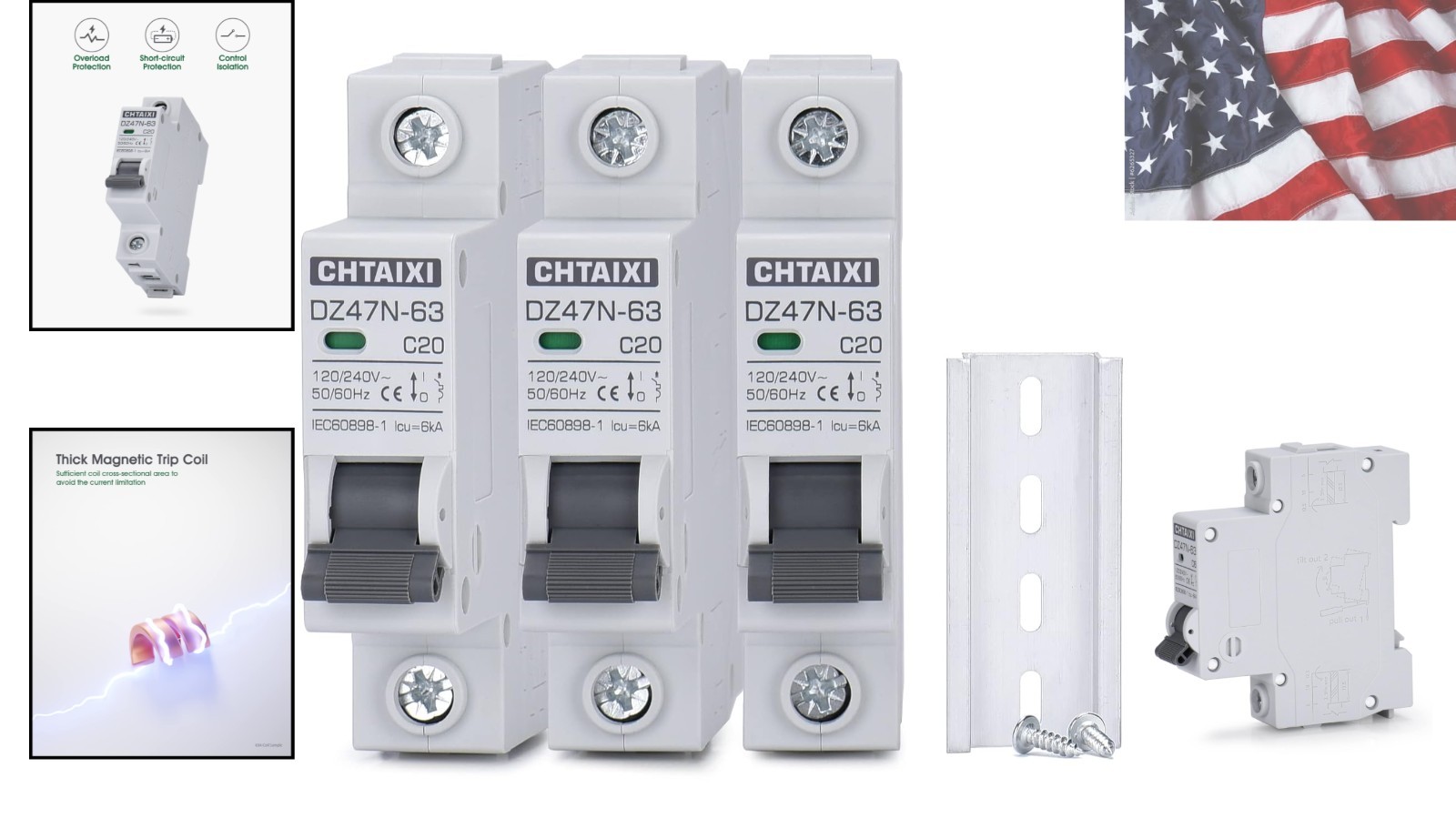 AC Miniature Circuit Breaker, 20 Amp 120V/240V 1 Pole 3 Pack | DIN Rail Mount…
