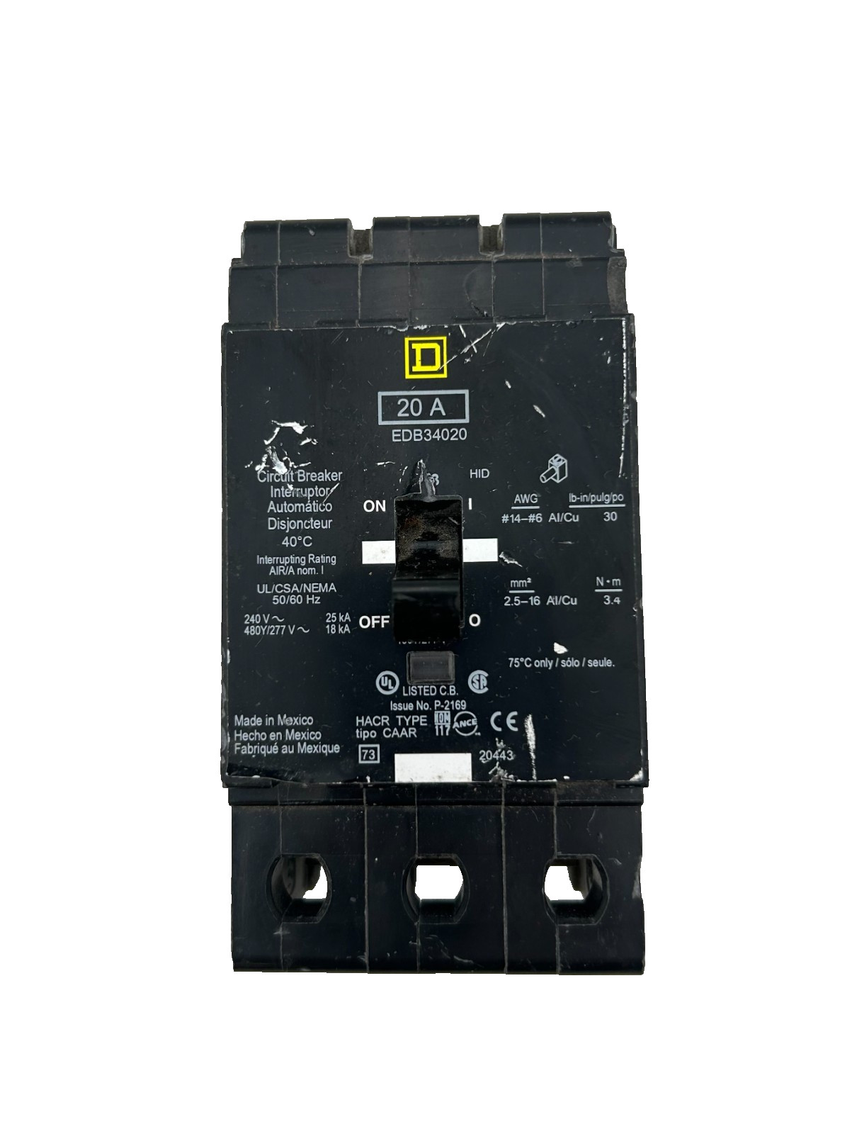 Square D EDB34020 Circuit Breaker 20A 3-Pole 480Y/277V