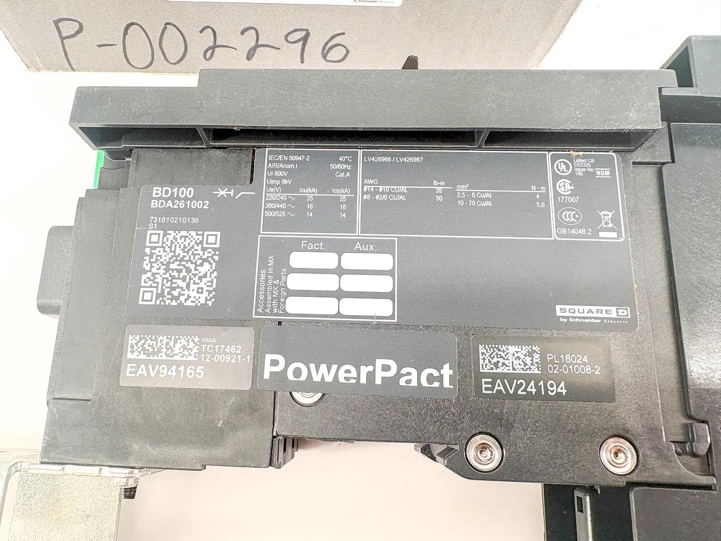 New Square D BDA261002 PowerPact Circuit Breaker 100A 480V 2-Pole