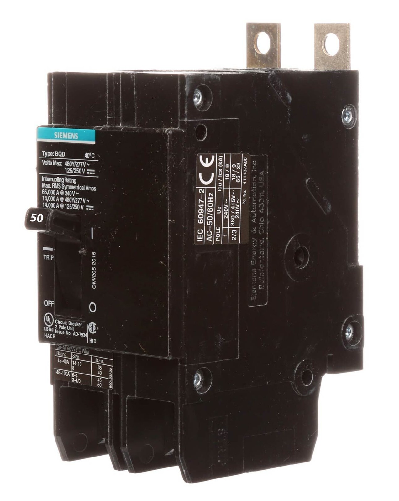 BQD250 – Siemens 50 Amp 2 Pole 480 VAC Molded Case Circuit Breaker 14 kA Interru
