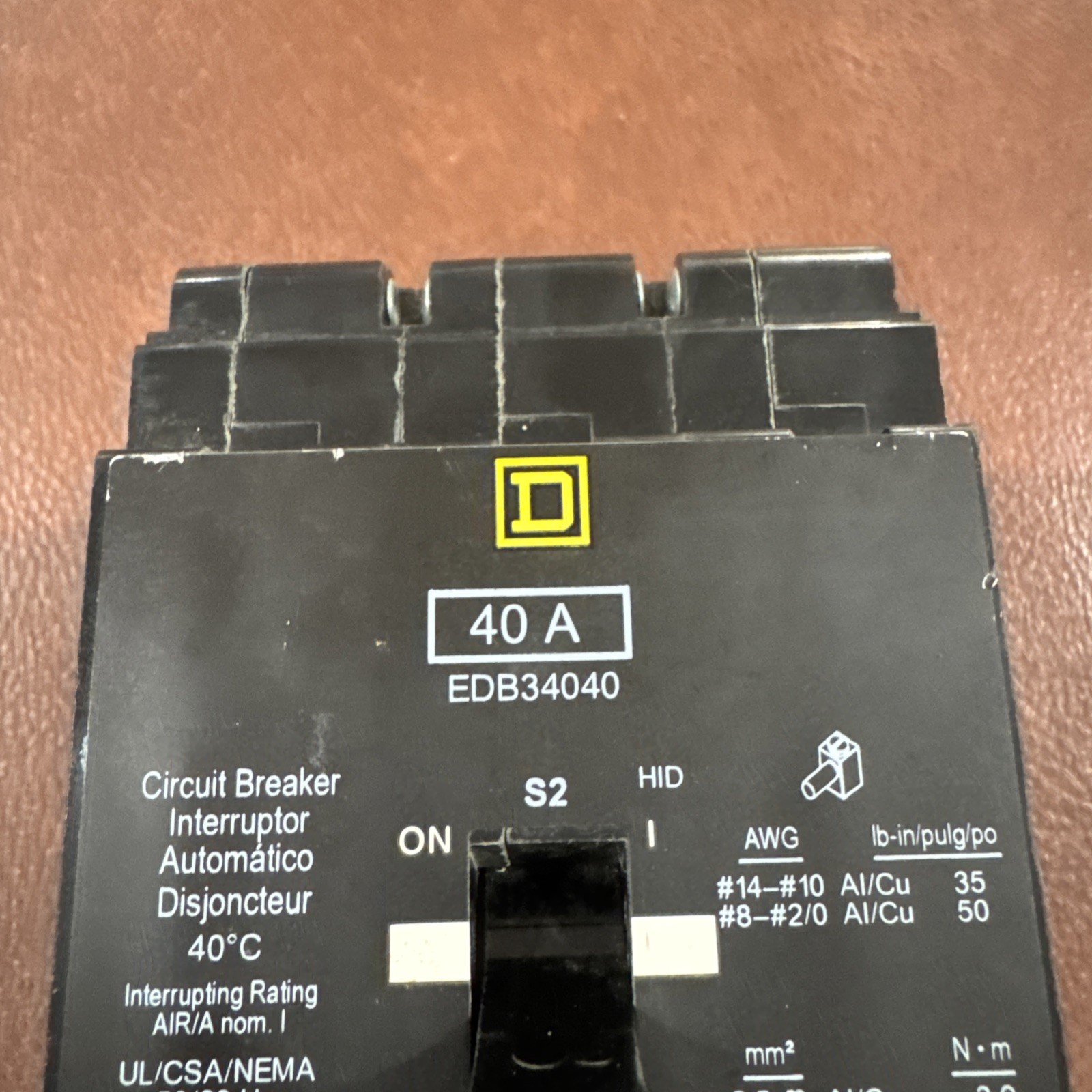 Square D EDB34040 40A 3 Pole 480Y/277V AC Circuit Breaker 40 Amp 3P Bolt On