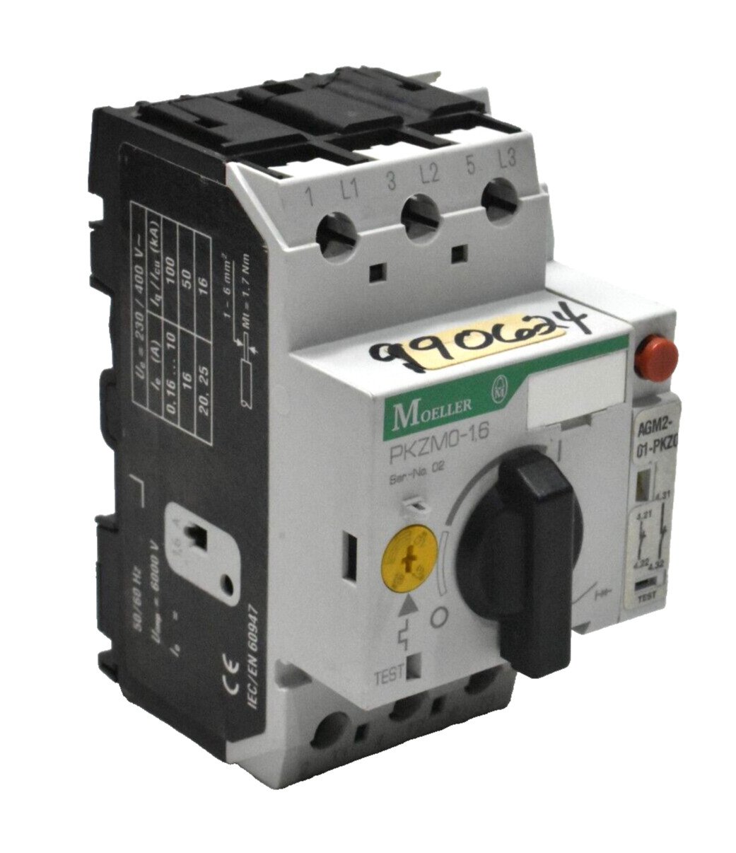 Moeller PKZM0-1.6 Circuit Breaker 1.0-1.6A w/ AGM2-01-PKZ0 Trip Indicator Switch