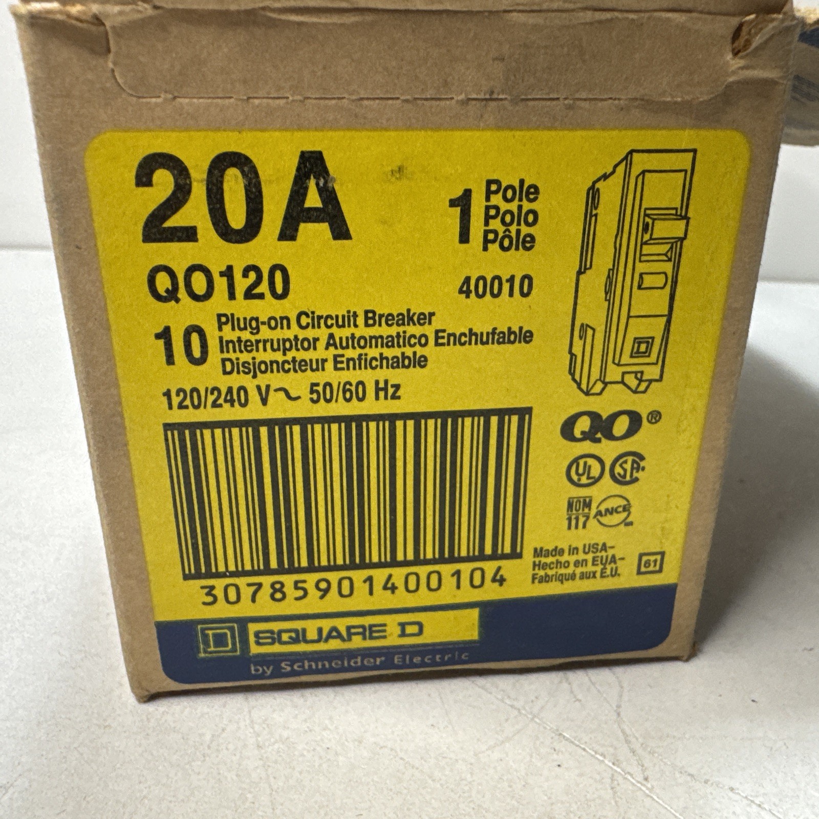 Box of 10 – Square D QO120 20 Amp Single Pole Circuit Breaker Visi-Trip 120/240V