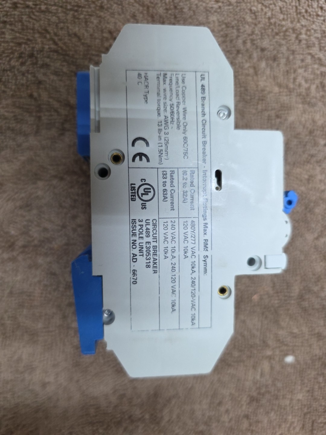 ALTECH UL489 BRANCH CIRCUIT BREAKER E305318 3-POLE UNIT AD-6670 480Y/277VAC