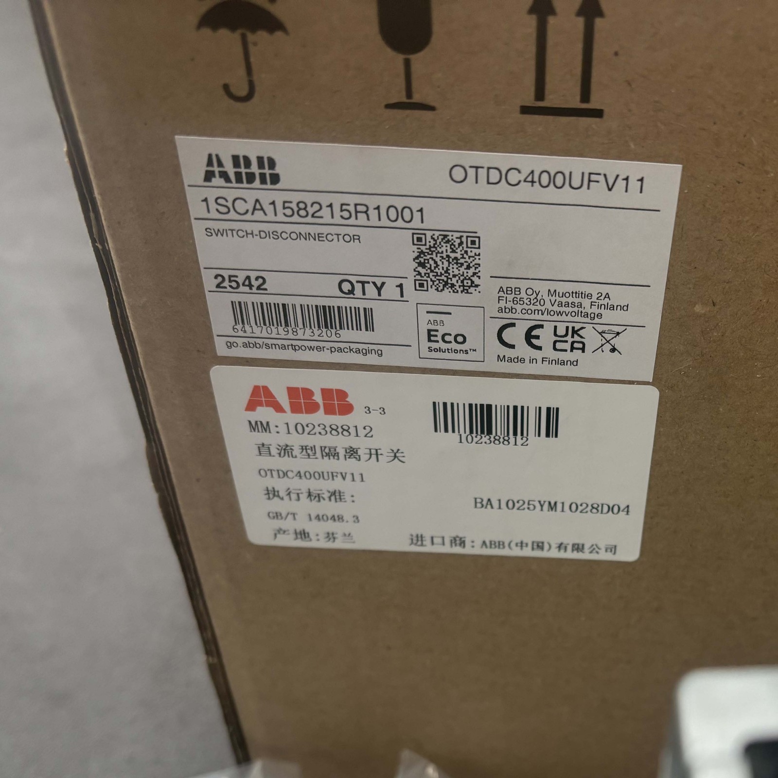 New Disconnect Switch OTDC400UFV11 for ABB 2-Pole, 400 A, 1500 V 1SCA158215R1001