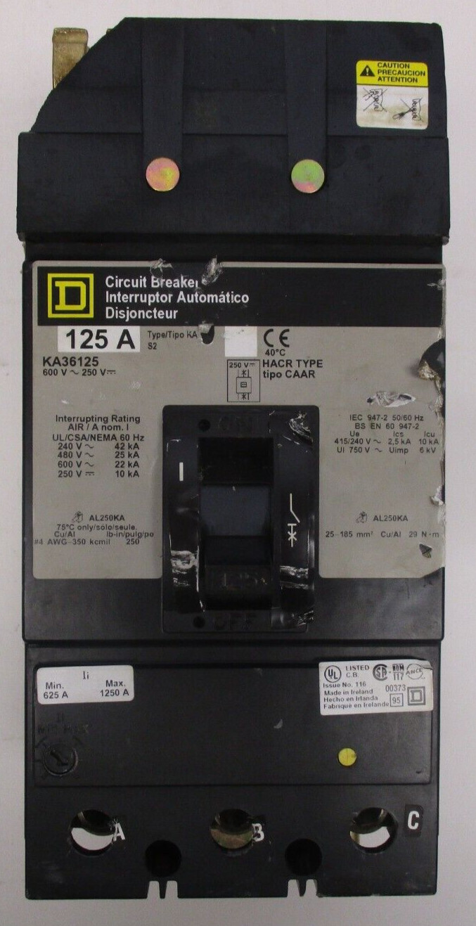 SQUARE D P/N: KA36125 CIRCUIT BREAKER 3POLE 3PHASE 125A 600V 25KAIC THERM MAGNET