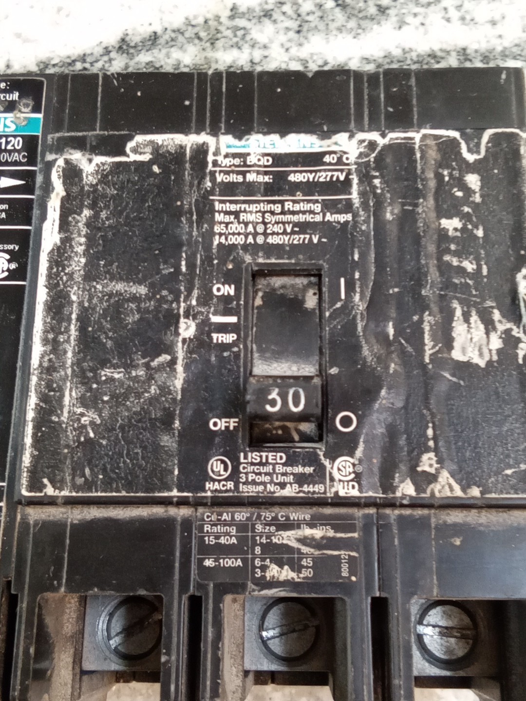 Siemens/BQD330/30A/3P/480Y/277V/BQD/BOLT ON/Breaker W/ BQDST120 Shunt TRIP(22C3