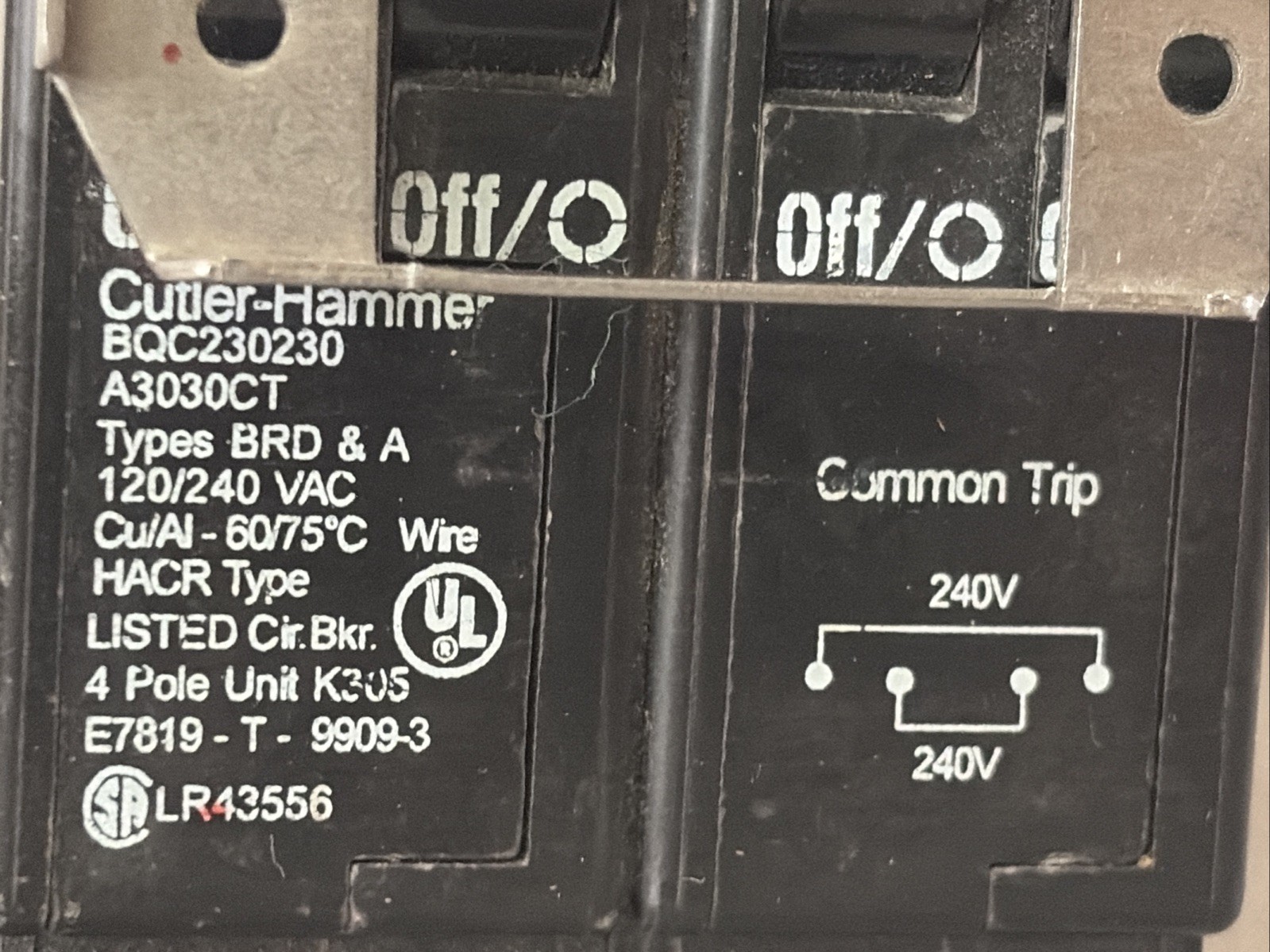Eaton BQC230230 BR Thermal Magnetic Circuit Breaker ~modified CTL clip removed