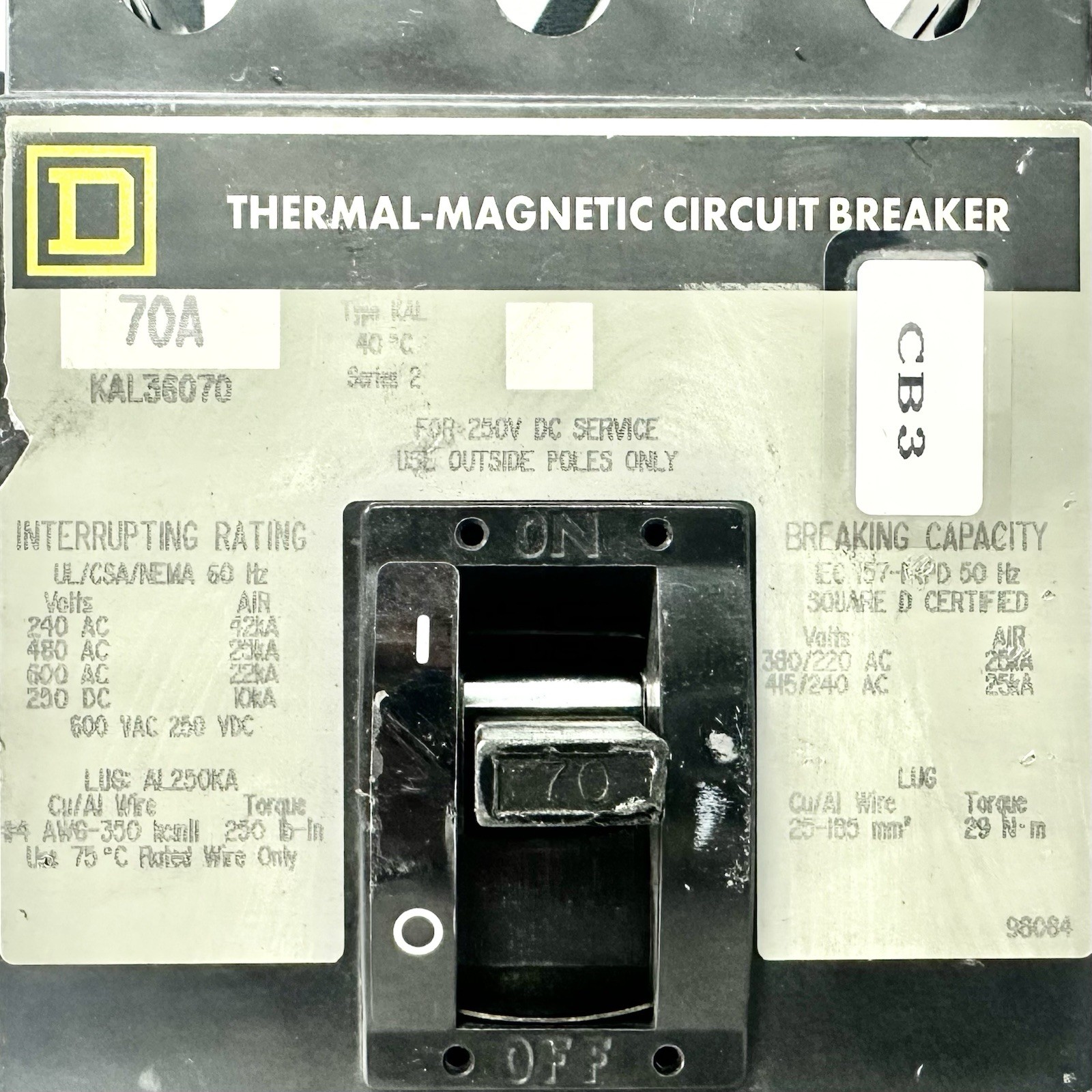 Square D KAL36070 Thermal Magnetic Circuit Breaker 70A 3 Pole 600V KAL