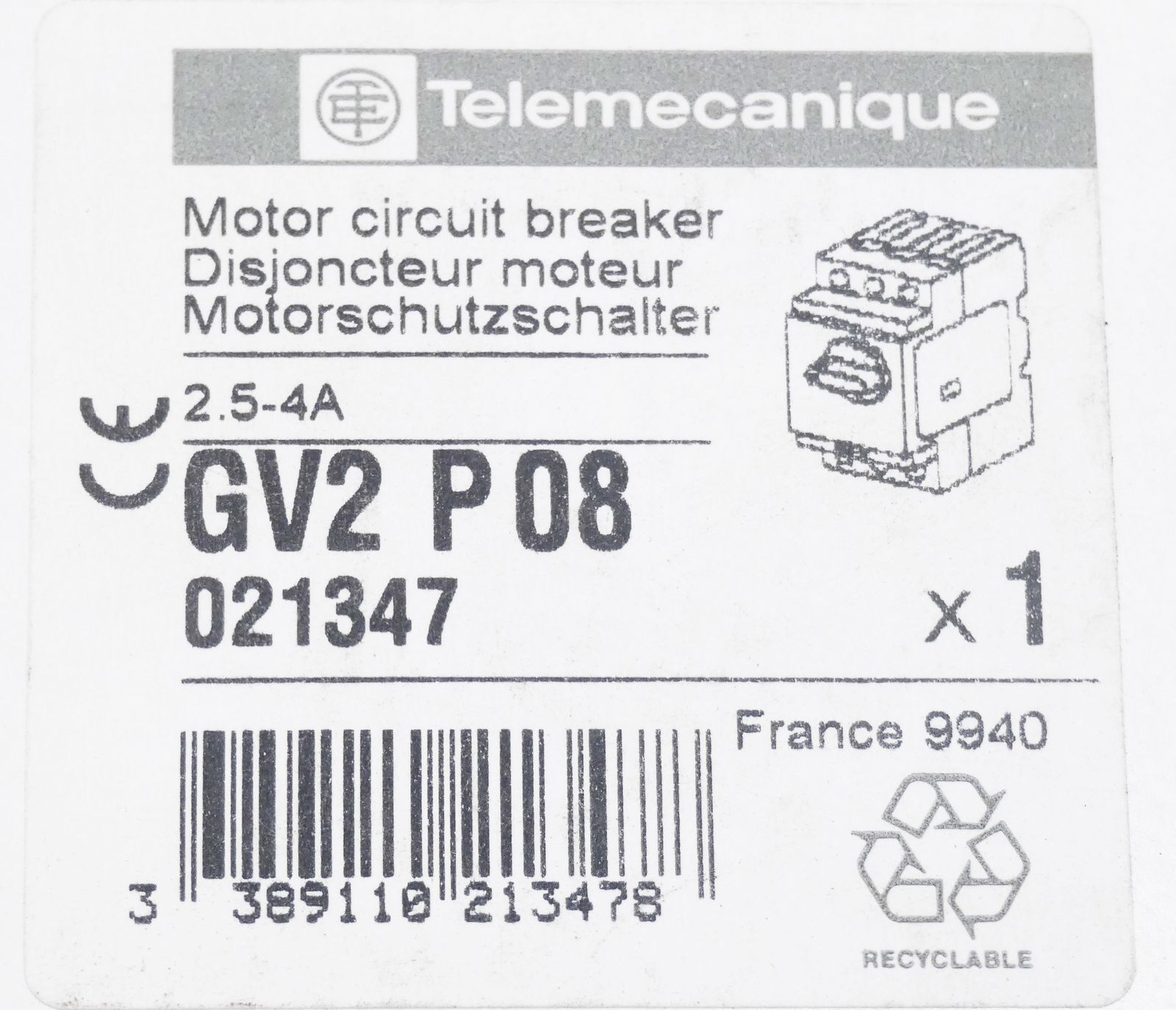 Telemecanique GV2-P08 021347 2.5-4A Motor Circuit Breaker -Unused/Original Packaging-