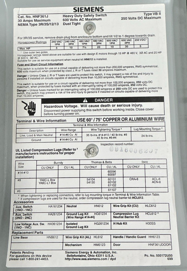 Siemens 30 amp 600v NON Fused NEMA 12 Dust Tight 3P Disconnect – HNF361J – Recon