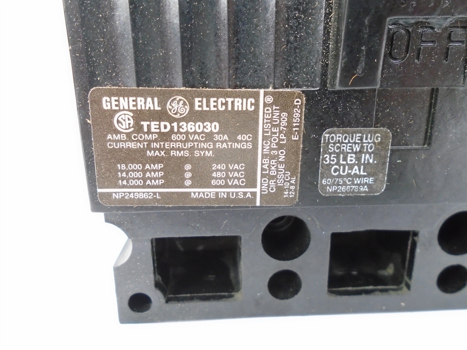 GE – TED136030WL – 30A, 3 Pole, 240-600 VAC – 18kA@480 – (NEW OLD STOCK in BOX)
