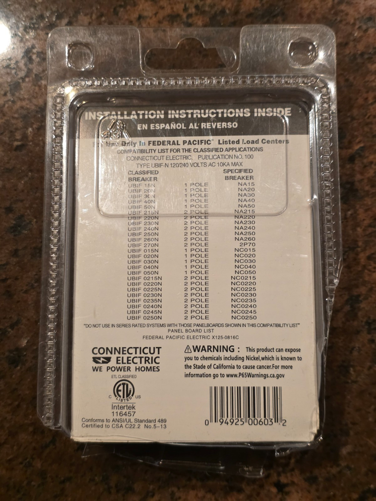 Connecticut Electric UBIF-0220N Thin 20 Amp 2-Pole Stab-Loc Type Circuit Breaker