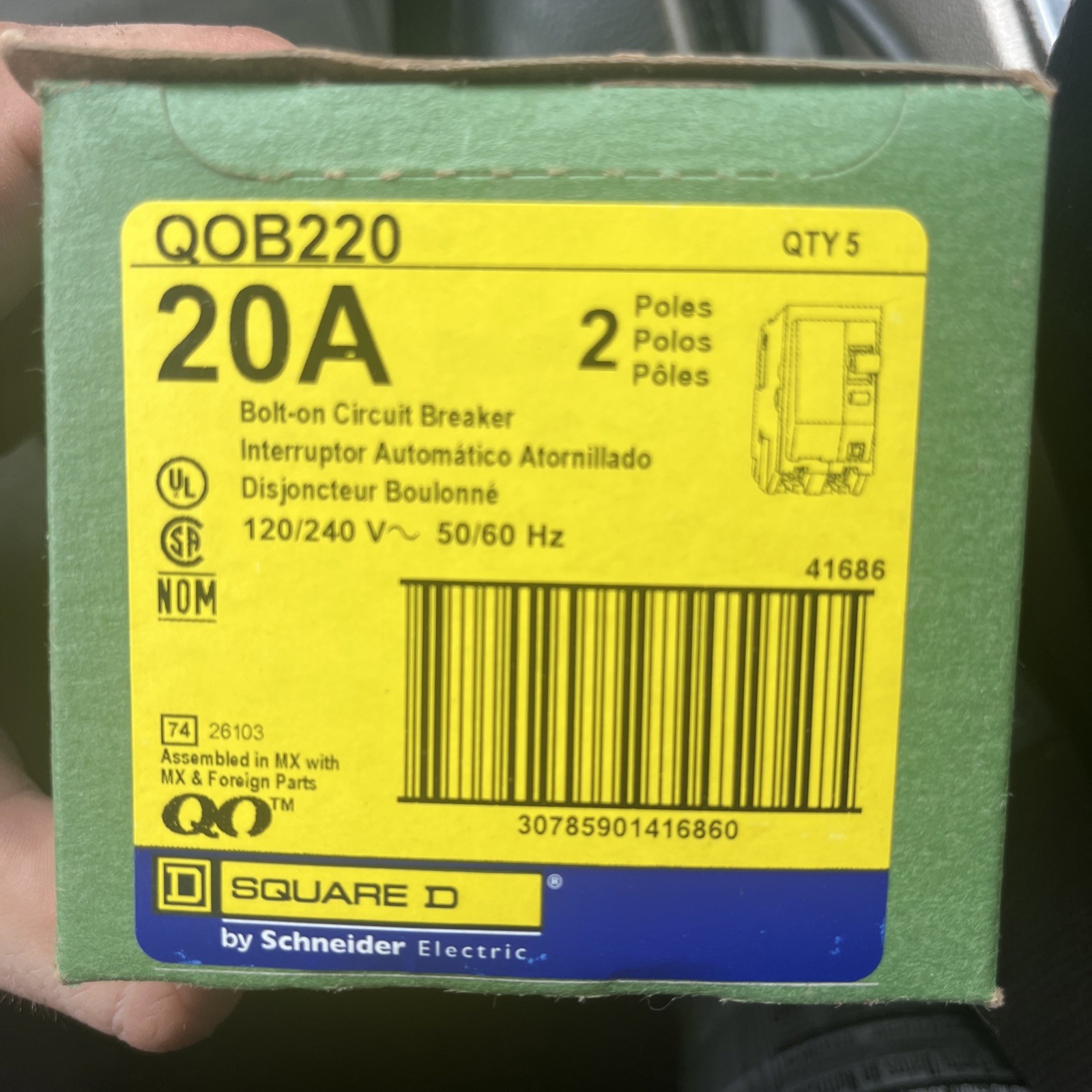 SQUARE D QOB220EPD 20A 2 Poles equipment protection circuit breaker 5 pack