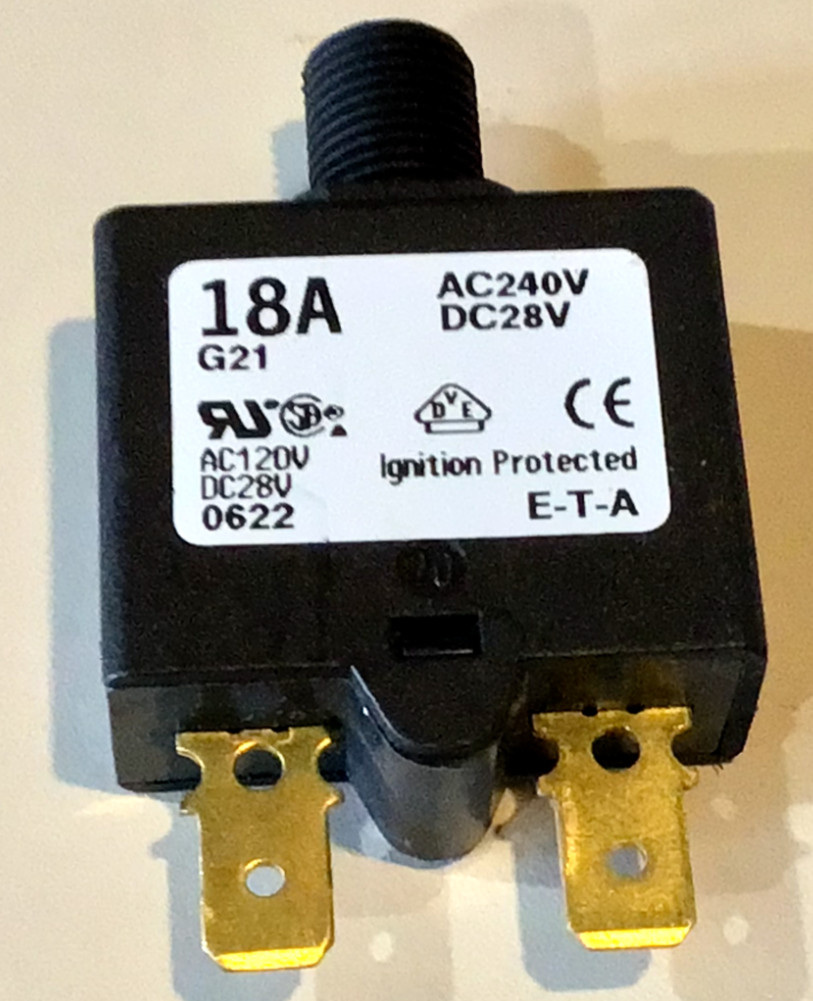 ETA Circuit Breaker 18A, Push To Reset, AC240V, DC28V, Series 1658 (lot of 10)