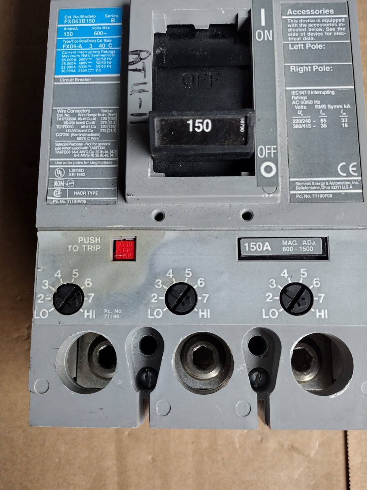 Siemens FXD63B150 Sentron Series 150A 600V 3P Circuit Breaker FXD6-A